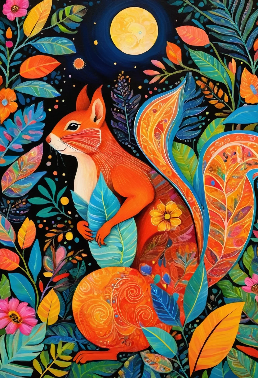 Naive art painting inspired by Halyna Kulaga and Laurel Burch of a beautiful squirrel girl in the jungle, tropical foliage, a colorful moon, bold strokes, textural.