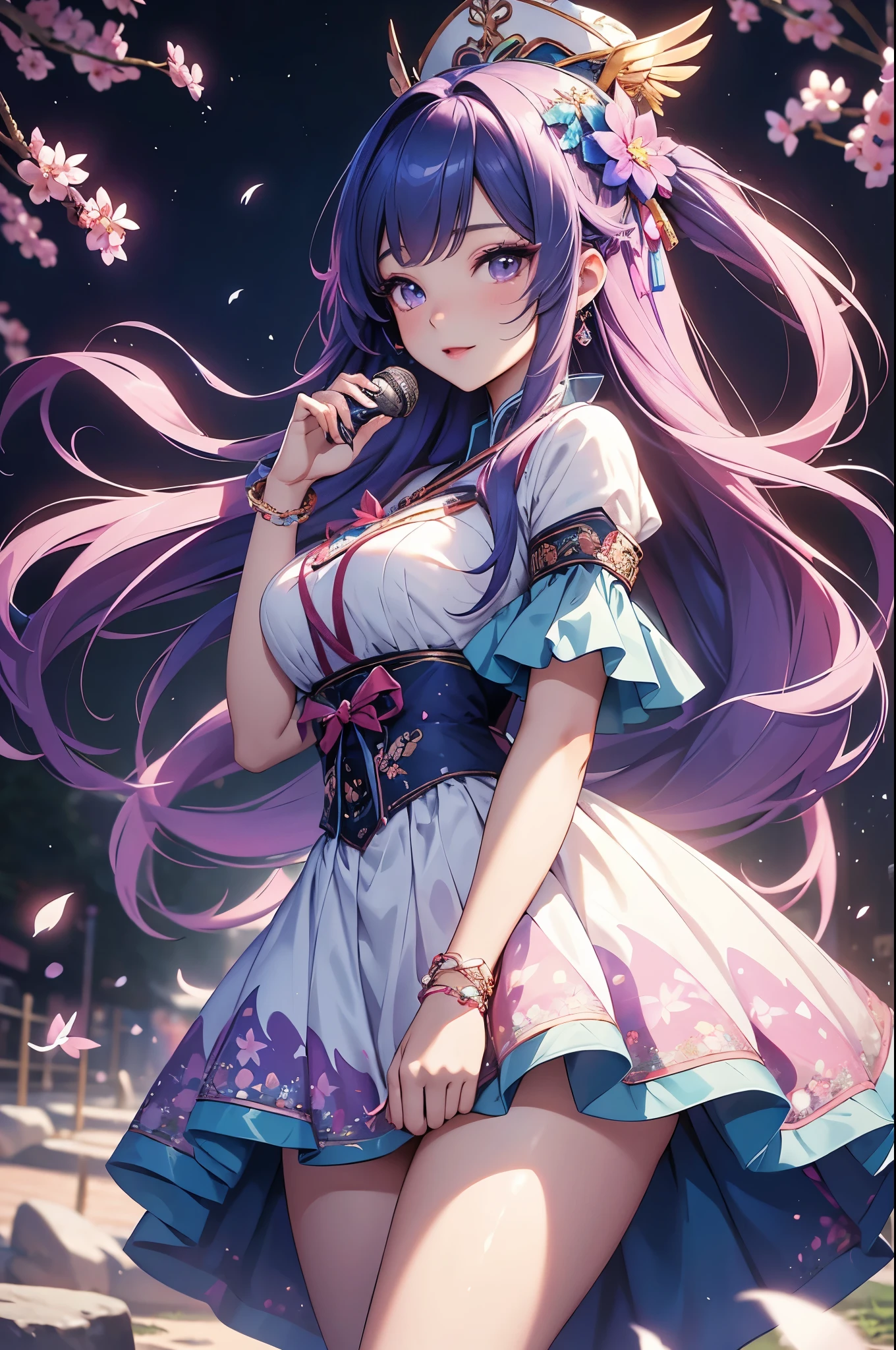 (best quality,4k,8k,highres,masterpiece:1.2),ultra-detailed,(realistic,photorealistic,photo-realistic:1.37),acrylic painting,beautiful Korean model in a ta dress with downy hair,beautiful Korean model with extremely colorful hair and detailed facial features,beautiful Korean model standing in a beautiful garden surrounded by a starry sky,beautiful Korean model wearing a vibrant Loliress,beautiful Korean model with intricate accessories and a matching hat,beautiful Korean model posing gracefully with her hands on her hips,beautiful Korean model with long flowing twintails,beautiful Korean model with bright blue eyes and rosy lips,beautiful Korean model with a joyful expression,beautiful Korean model in a dynamic pose with cherry blossoms falling around her,beautiful Korean model surrounded by colorful flowers and butterflies,beautiful Korean model's dress adorned with cute bows and lace details,beautiful Korean model with an enchanting smile,beautiful Korean model with soft, pastel-colored shading,beautiful Korean model with a magical glow illuminating her,beautiful Korean model in a picturesque setting with a winding path leading to a magnificent castle,beautiful Korean model holding a microphone and singing passionately,beautiful Korean model with a fairytale-like background,beautiful Korean model with a soft, dreamy atmosphere,beautiful Korean model with a subtle bokeh effect,beautiful Korean model standing under a moonlit sky,beautiful Korean model with a warm, golden sunset in the background,beautiful Korean model surrounded by twinkling stars and colorful nebulae,creating an ethereal and captivating artistic masterpiece.