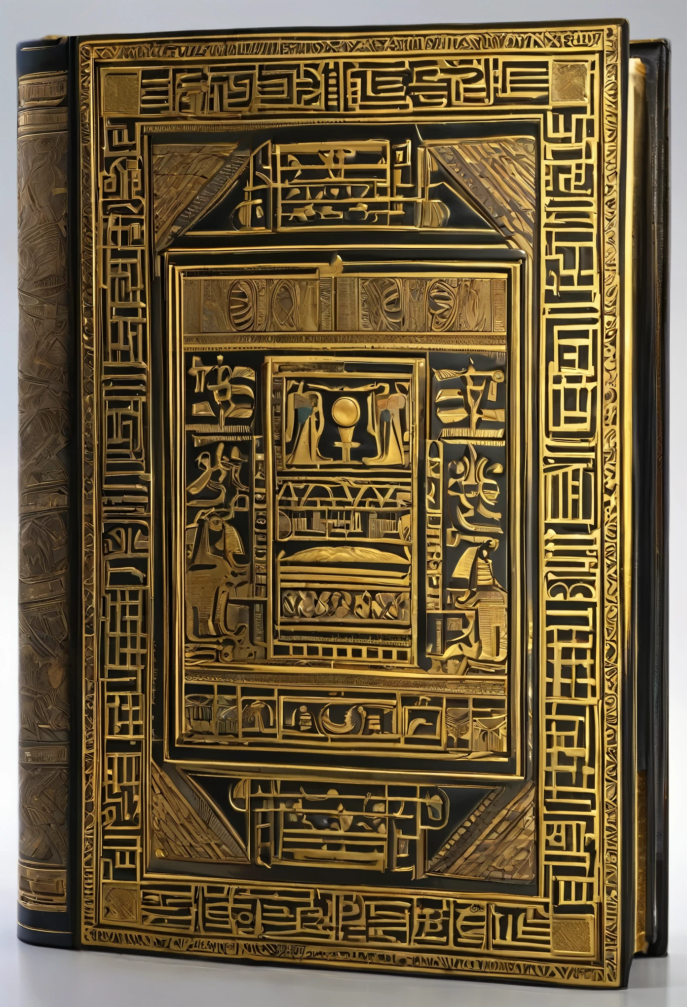 Desenhe um livro antigo de capa dura, with an intricate pattern of golden hieroglyphics carved in relief on the cover. The edges of the book are adorned with gold details, while the center of the cover features the eye of Horus in relief, surrounded by mysterious symbols. The book appears to have been kept for centuries in a secret library in the heart of Ancient Egypt, exuding an aura of mystery and lost wisdom. The backdrop shows a desert landscape in sunlight, with the pyramids in the background, evoking the grandeur and antiquity of Egyptian civilization.