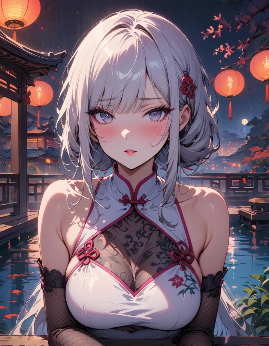 masterpiece, highres, the best, night, full moon, 1 adult woman, solo, Chinese Architecture, cheongsam, white China lingerie, Royal sister, blushing, woman with long silver hair, light pink lips, fishnet stockings, calm, intellectuals, Three bangs, lace gloves, grey eyes, lake view, facial details, ((sfw)), 