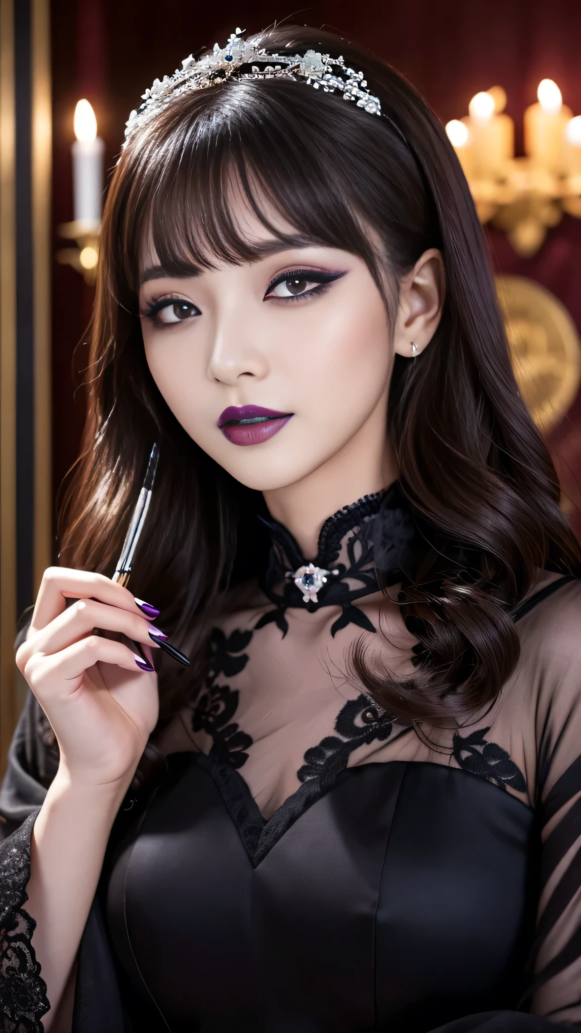 best quality、ultra-detailed、4k、Japanese、Seductive beauty、seductive adult woman、Pretty Woman、cool girl、Villainess、Brainwashed、brainwash、Fallen into evil、smirk、Evil look、Wicked Smile、evil、Brown hair、wavy hair、swept bangs、dark makeup、dark makeup、piercing eyes、hollow eyes,half-closed eyes、Hollow Eyes、Purple Eyeshadow、black lipstick、black lipglos、Long Black Cheongsam、Wide sleeves、night、inside church、makeup brush、Are standing、Rose tattoo、