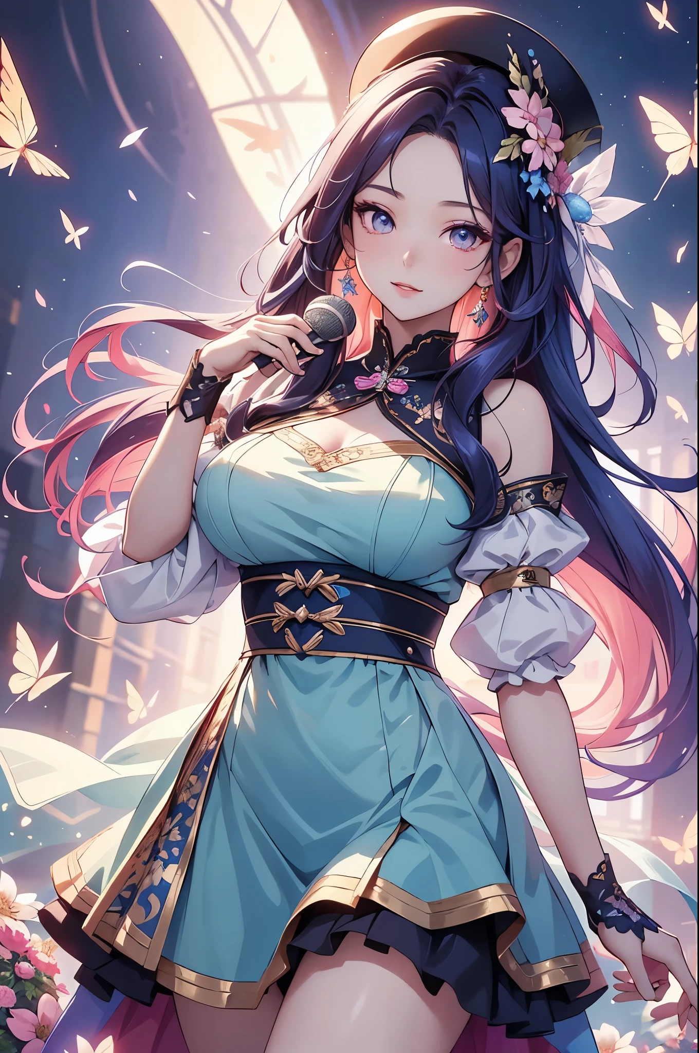 (best quality,4k,8k,highres,masterpiece:1.2),ultra-detailed,(realistic,photorealistic,photo-realistic:1.37),acrylic painting,beautiful Korean model in a ta dress with downy hair,beautiful Korean model with extremely colorful hair and detailed facial features,beautiful Korean model standing in a beautiful garden surrounded by a starry sky,beautiful Korean model wearing a vibrant Loliress,beautiful Korean model with intricate accessories and a matching hat,beautiful Korean model posing gracefully with her hands on her hips,beautiful Korean model with long flowing twintails,beautiful Korean model with bright blue eyes and rosy lips,beautiful Korean model with a joyful expression,beautiful Korean model in a dynamic pose with cherry blossoms falling around her,beautiful Korean model surrounded by colorful flowers and butterflies,beautiful Korean model's dress adorned with cute bows and lace details,beautiful Korean model with an enchanting smile,beautiful Korean model with soft, pastel-colored shading,beautiful Korean model with a magical glow illuminating her,beautiful Korean model in a picturesque setting with a winding path leading to a magnificent castle,beautiful Korean model holding a microphone and singing passionately,beautiful Korean model with a fairytale-like background,beautiful Korean model with a soft, dreamy atmosphere,beautiful Korean model with a subtle bokeh effect,beautiful Korean model standing under a moonlit sky,beautiful Korean model with a warm, golden sunset in the background,beautiful Korean model surrounded by twinkling stars and colorful nebulae,creating an ethereal and captivating artistic masterpiece.