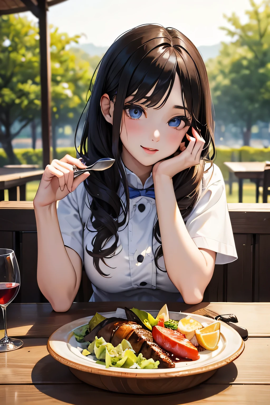 Anime girl with long black hair sitting at a table with a plate of food ...