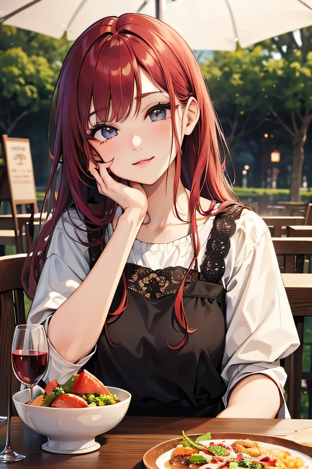 highest quality、High resolution、Detailed Background、(Beautiful face in every detail:1.4)、Anatomically correct、(Detailed facial expressions)、(Detailed eyes:1.2)、(Detailed eyes:1.2)、Beautiful girl in her 20s、(Highly detailed face:1.4)、Brightly colored hair、well-groomed eyebrows、Cute Eye Makeup、Cute Lip Makeup、Cute clothes with little exposure、Wine Festival、Feeling happy、Summer evening、A winery with a beautiful garden、Wine Festival、
Enjoy music and performances while sipping wine and delicious food、
Visit the colorful tents and booths々I enjoy a wide variety of wines.、
people々I am enjoying a wine tasting with a glass in my hand and am impressed by the taste of the wine in my mouth.、Around the venue, there are food trucks and restaurant booths where chefs serve delicious dishes.、To enjoy the pairing with wine々Hasama々I try new dishes and share them with my friends and family.