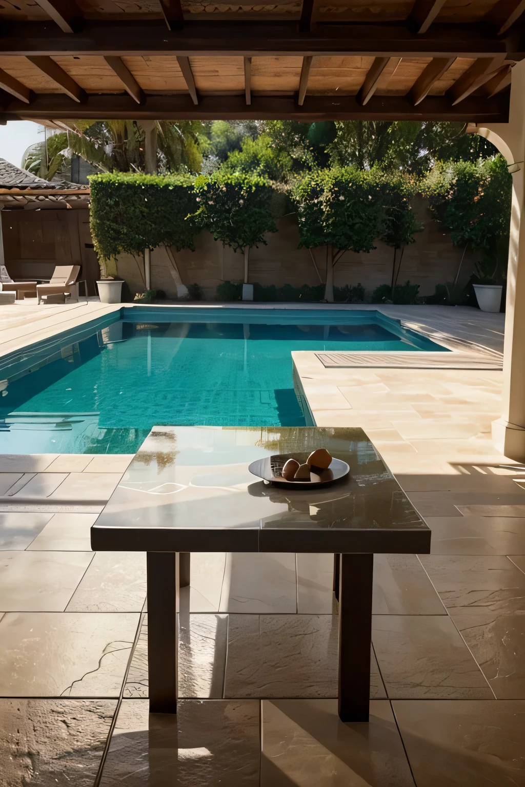 A new idea of a table, made of large tiles, the table legs and the surface on it of tiles and nothing on the table, in a magnificent setting, facing the pool, with attractive light and shadows, very realistic, quality Top