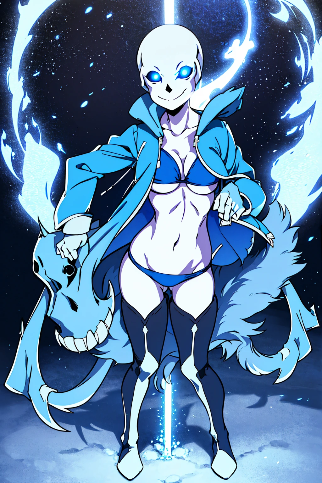 Toby Fox Undertale Sans Blue Jacket ,Fire eyes, skull, smile, long eyelashes, black eye shadow, white short hair, glowing, sexy white bikini face, blue keel cannon, one standing in the snow town, Femininefull big breast breast enlargement full-body shot