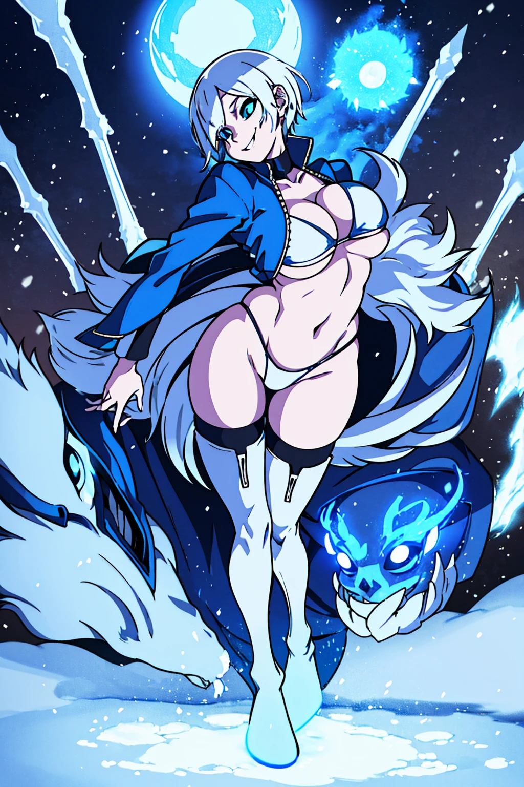 Masterpiece: 1.3, 1 girl ((25 years old, dressed in a tight white bikini, leather boots, huge breasts, long blue hair, beautiful face, perfect model body, big dragon horns, bright purple eyes: 1.4, crazy, big smile, looking at the girl:1.2, oasis in the background at night: 1.1, beautiful and energetic atmosphere:1.2))