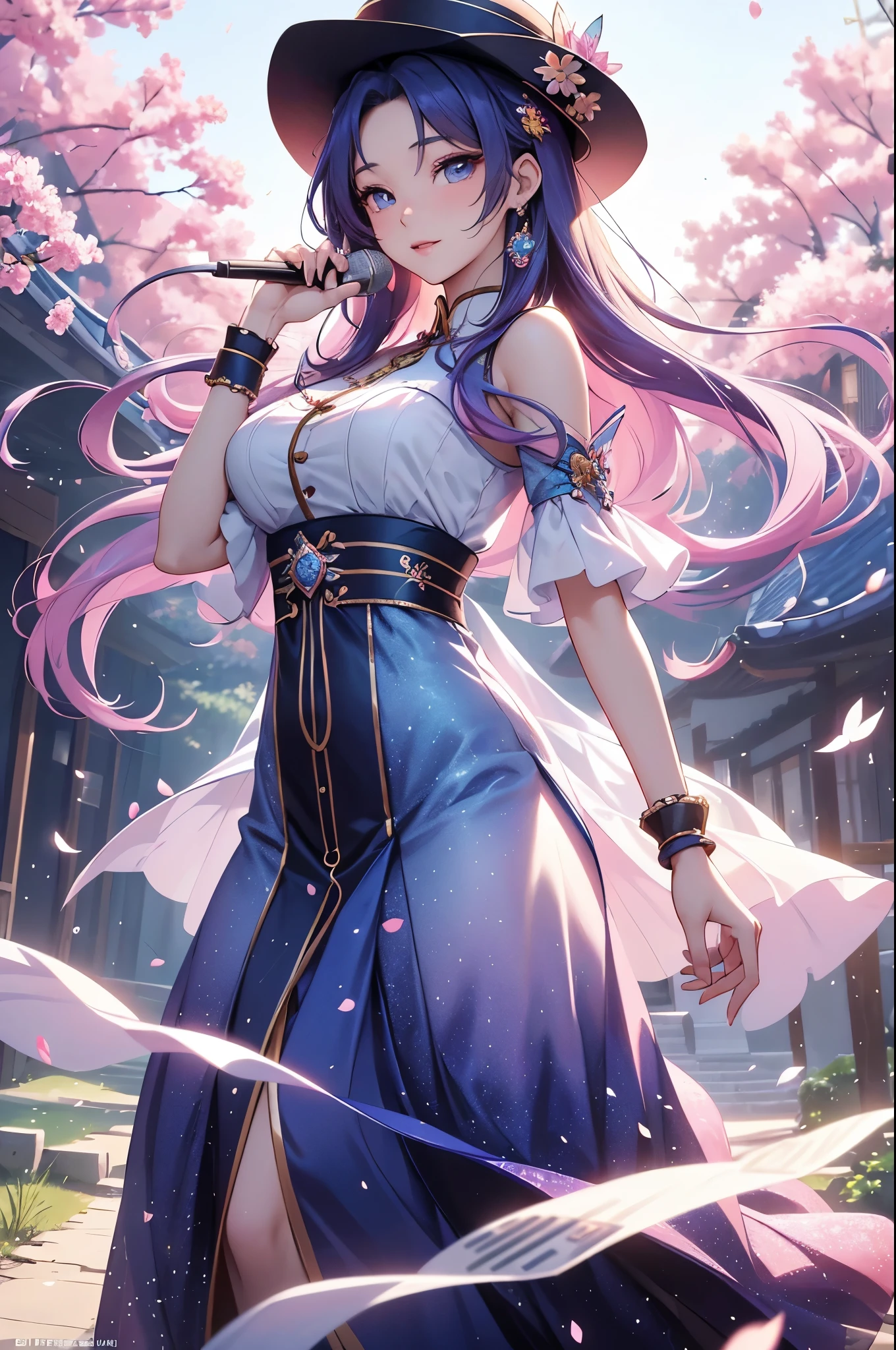 (best quality,4k,8k,highres,masterpiece:1.2),ultra-detailed,(realistic,photorealistic,photo-realistic:1.37),acrylic painting,beautiful Korean model in a Lolita dress with downy hair,beautiful Korean model with extremely colorful hair and detailed facial features,beautiful Korean model standing in a beautiful garden surrounded by a starry sky,beautiful Korean model wearing a vibrant Lolita dress,beautiful Korean model with intricate accessories and a matching hat,beautiful Korean model posing gracefully with her hands on her hips,beautiful Korean model with long flowing twintails,beautiful Korean model with bright blue eyes and rosy lips,beautiful Korean model with a joyful expression,beautiful Korean model in a dynamic pose with cherry blossoms falling around her,beautiful Korean model surrounded by colorful flowers and butterflies,beautiful Korean model's dress adorned with cute bows and lace details,beautiful Korean model with an enchanting smile,beautiful Korean model with soft, pastel-colored shading,beautiful Korean model with a magical glow illuminating her,beautiful Korean model in a picturesque setting with a winding path leading to a magnificent castle,beautiful Korean model holding a microphone and singing passionately,beautiful Korean model with a fairytale-like background,beautiful Korean model with a soft, dreamy atmosphere,beautiful Korean model with a subtle bokeh effect,beautiful Korean model standing under a moonlit sky,beautiful Korean model with a warm, golden sunset in the background,beautiful Korean model surrounded by twinkling stars and colorful nebulae,creating an ethereal and captivating artistic masterpiece.