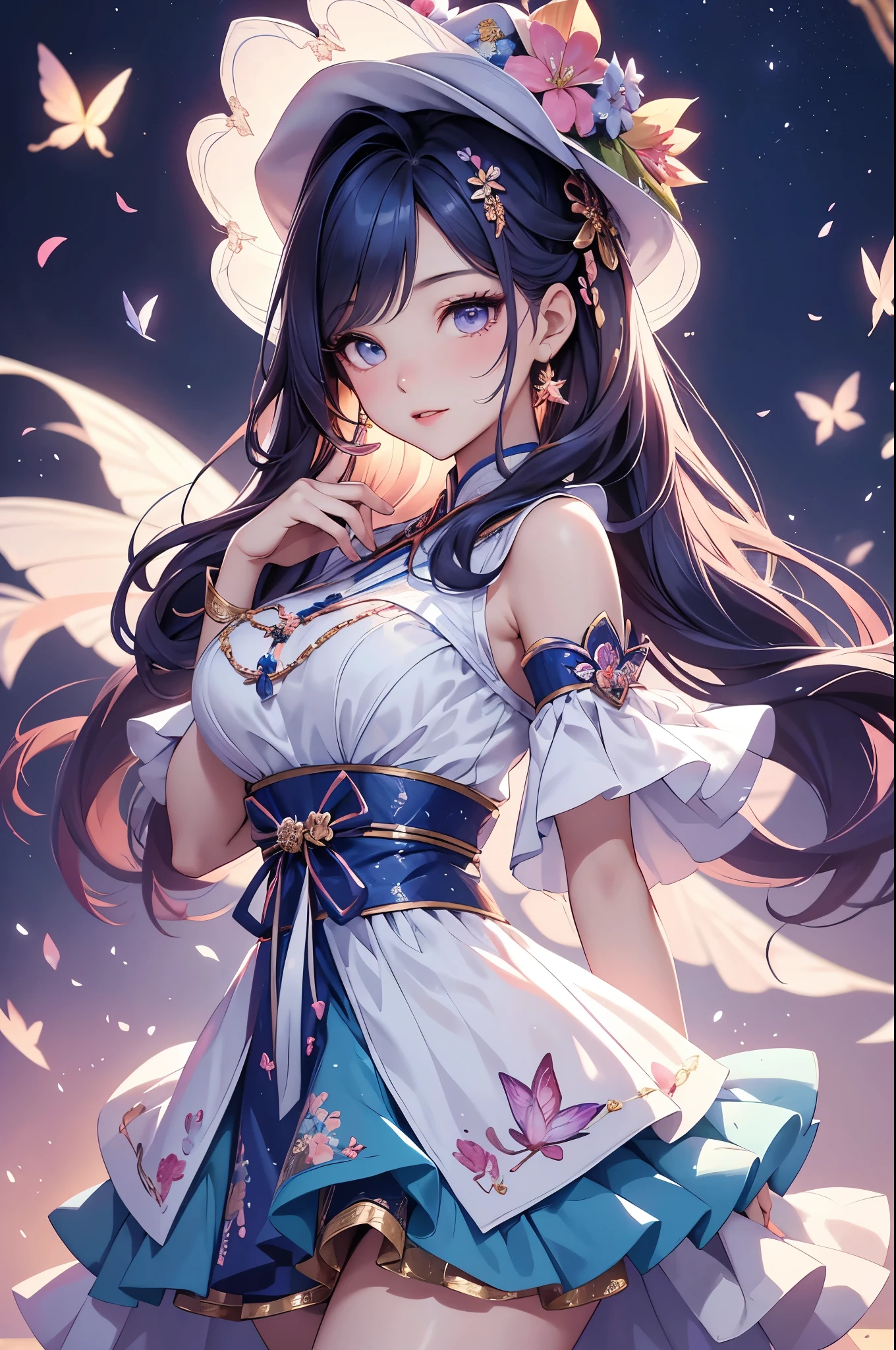 (best quality,4k,8k,highres,masterpiece:1.2),ultra-detailed,(realistic,photorealistic,photo-realistic:1.37),acrylic painting,beautiful Thai model in a Lolita dress with downy hair,beautiful Thai model with extremely colorful hair and detailed facial features,beautiful Thai model standing in a beautiful garden surrounded by a starry sky,beautiful Thai model wearing a vibrant Lolita dress,beautiful Thai model with intricate accessories and a matching hat,beautiful Thai model posing gracefully with her hands on her hips,beautiful Thai model with long flowing twintails,beautiful Thai model with bright blue eyes and rosy lips,beautiful Thai model with a joyful expression,beautiful Thai model in a dynamic pose with cherry blossoms falling around her,beautiful Thai model surrounded by colorful flowers and butterflies,beautiful Thai model's dress adorned with cute bows and lace details,beautiful Thai model with an enchanting smile,beautiful Thai model with soft, pastel-colored shading,beautiful Thai model with a magical glow illuminating her,beautiful Thai model in a picturesque setting with a winding path leading to a magnificent castle,beautiful Thai model holding a microphone and singing passionately,beautiful Thai model with a fairytale-like background,beautiful Thai model with a soft, dreamy atmosphere,beautiful Thai model with a subtle bokeh effect,beautiful Thai model standing under a moonlit sky,beautiful Thai model with a warm, golden sunset in the background,beautiful Thai model surrounded by twinkling stars and colorful nebulae,creating an ethereal and captivating artistic masterpiece.