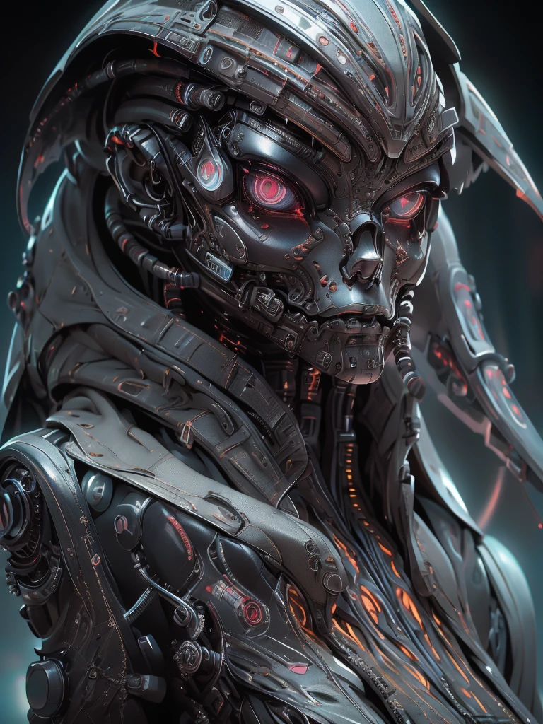 The prompt for the given theme is: "black color, ram's head, Death's scythe, infernal horror, overlooking, tattered clothes, downward gaze, illustrations, highres, ultra-detailed, dark fantasy, sharp focus, vivid colors, dramatic lighting, bokeh". female robot pilot, mechanical creature, electronic wires relays computer nerves, girl face, dystopian surrealism, alex ries zdzisaw beksinski giger, very intricate details, demon chinese female, deep luminous eyes contain galaxies, head contains nebula, deep aesthetic, concept art, carved silver circuits diodes resistors semiconductors, highly ornate