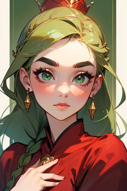 (highest quality, masterpiece:1.2), High resolution, Very detailed, Realistic:1.37, Fantasy, An illustration, Green Eyes、Queen, Red dress.Platinum decoration、beautifully、Eyeshadow Red、Thick eyebrows、Long eyelashes、pupils are black、Her hair is light green、Gold crown、Kissing Face、Embarrassing、people々々々々Loved by、ponytail、Shoulder Bare、Surprised face、Braiding、perfection、