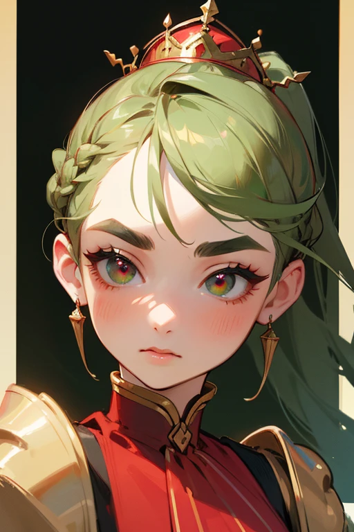 (highest quality, masterpiece:1.2), High resolution, Very detailed, Realistic:1.37, Fantasy, An illustration, Green Eyes、Queen, Red dress.Platinum decoration、beautifully、Eyeshadow Red、Thick eyebrows、Long eyelashes、pupils are black、Her hair is light green、Gold crown、Kissing Face、Embarrassing、people々々々々Loved by、ponytail、Shoulder Bare、Surprised face、Braiding、perfection、