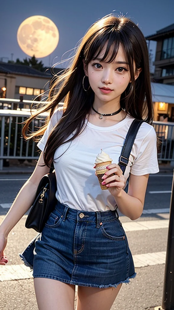 I can see the big moon、super moon、
Under the moonlit cityscape, a cheerful college girl roams freely through the dimly lit streets. Her hair dances in the wind, and a bright smile illuminates her face. In her hand, she holds an ice cream cone purchased with friends, its delicious scent wafting through the air. Adorned with a typical college backpack, surely filled with study materials and notes, her eyes sparkle with curiosity and eagerness for new discoveries and enjoyable encounters as she explores the city. Unfazed by the hustle and bustle around her or the nighttime silence, she simply revels in the excitement of this captivating night.
masterpiece, ultra detailed, hyper detailed, insanely detailed, detailed, high quality, best quality, exquisite, beautiful, woman, shy, wink, making a V sign, looking at viewer, black hair, big eyes, slant eyes, wide-eyed, heterochromia, with heart-shaped pupils, wheatish skin, skirt, choker, with a tattoo, piercing, beauty mark, freckles, blush, nail polish, long hair, twintail, very long hair, long hair, twintails, spiked hair, flipped hair, ahoge, shiny hair, wavy hair