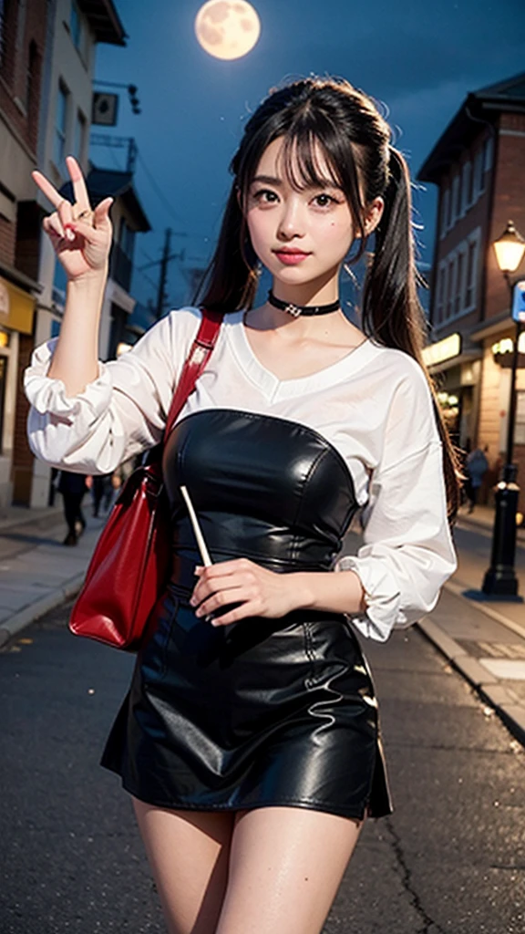 I can see the big moon、super moon、
Under the moonlit cityscape, a cheerful college girl roams freely through the dimly lit streets. Her hair dances in the wind, and a bright smile illuminates her face. In her hand, she holds an ice cream cone purchased with friends, its delicious scent wafting through the air. Adorned with a typical college backpack, surely filled with study materials and notes, her eyes sparkle with curiosity and eagerness for new discoveries and enjoyable encounters as she explores the city. Unfazed by the hustle and bustle around her or the nighttime silence, she simply revels in the excitement of this captivating night.
masterpiece, ultra detailed, hyper detailed, insanely detailed, detailed, high quality, best quality, exquisite, beautiful, woman, shy, wink, making a V sign, looking at viewer, black hair, big eyes, slant eyes, wide-eyed, heterochromia, with heart-shaped pupils, wheatish skin, skirt, choker, with a tattoo, piercing, beauty mark, freckles, blush, nail polish, long hair, twintail, very long hair, long hair, twintails, spiked hair, flipped hair, ahoge, shiny hair, wavy hair