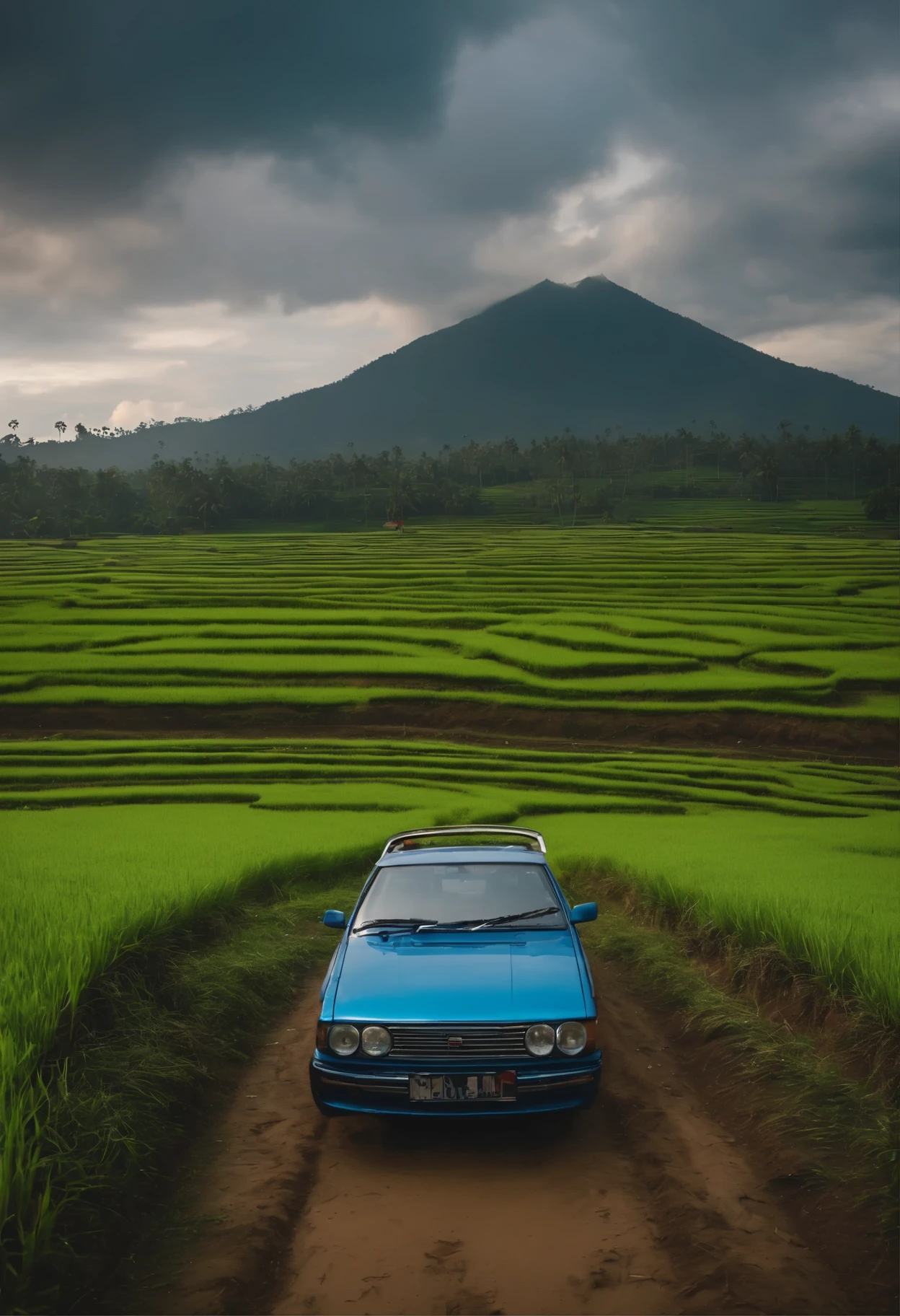 Create a video jdm 90s cars at a rice field on indonesia