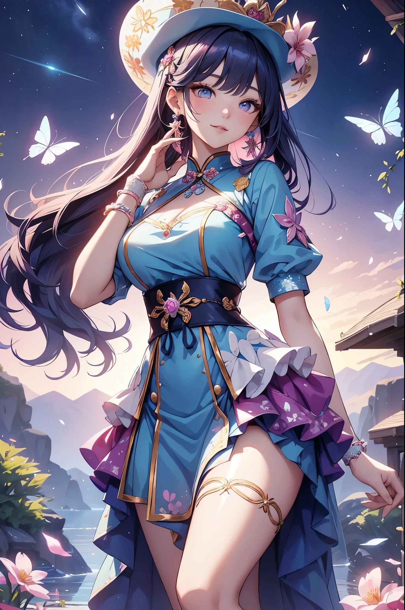 (best quality,4k,8k,highres,masterpiece:1.2),ultra-detailed,(realistic,photorealistic,photo-realistic:1.37),acrylic painting,beautiful Korean model in a ta dress with downy hair,beautiful Korean model with extremely colorful hair and detailed facial features,beautiful Korean model standing in a beautiful garden surrounded by a starry sky,beautiful Korean model wearing a vibrant Loliress,beautiful Korean model with intricate accessories and a matching hat,beautiful Korean model posing gracefully with her hands on her hips,beautiful Korean model with long flowing twintails,beautiful Korean model with bright blue eyes and rosy lips,beautiful Korean model with a joyful expression,beautiful Korean model in a dynamic pose with cherry blossoms falling around her,beautiful Korean model surrounded by colorful flowers and butterflies,beautiful Korean model's dress adorned with cute bows and lace details,beautiful Korean model with an enchanting smile,beautiful Korean model with soft, pastel-colored shading,beautiful Korean model with a magical glow illuminating her,beautiful Korean model in a picturesque setting with a winding path leading to a magnificent castle,beautiful Korean model holding a microphone and singing passionately,beautiful Korean model with a fairytale-like background,beautiful Korean model with a soft, dreamy atmosphere,beautiful Korean model with a subtle bokeh effect,beautiful Korean model standing under a moonlit sky,beautiful Korean model with a warm, golden sunset in the background,beautiful Korean model surrounded by twinkling stars and colorful nebulae,creating an ethereal and captivating artistic masterpiece.