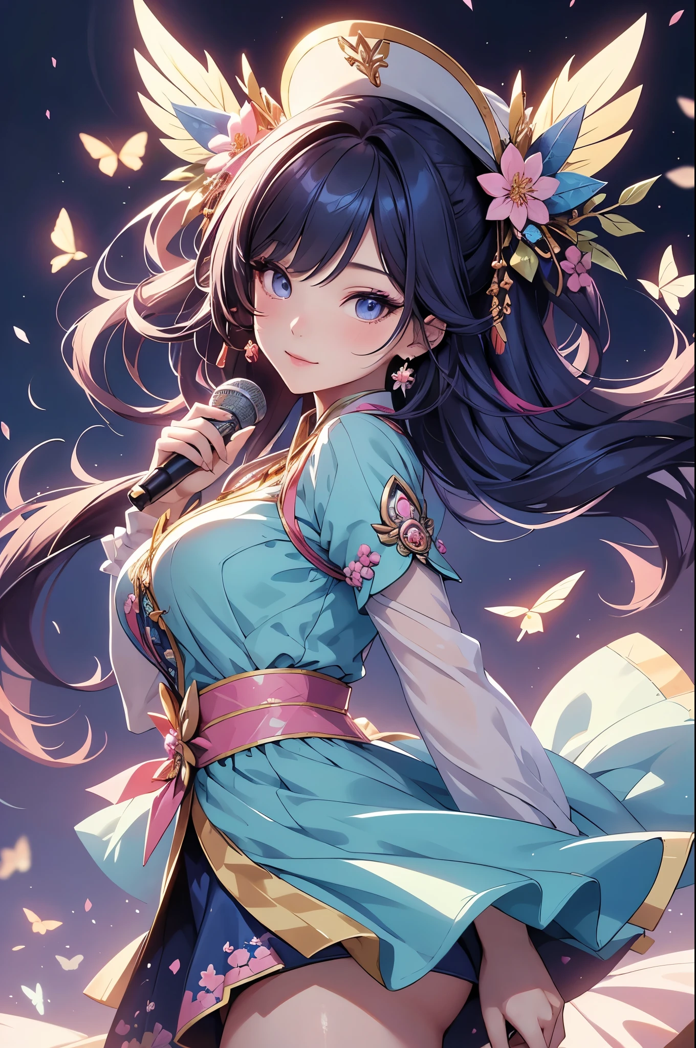 (best quality,4k,8k,highres,masterpiece:1.2),ultra-detailed,(realistic,photorealistic,photo-realistic:1.37),acrylic painting,beautiful Korean model in a Lolita dress with downy hair,beautiful Korean model with extremely colorful hair and detailed facial features,beautiful Korean model standing in a beautiful garden surrounded by a starry sky,beautiful Korean model wearing a vibrant Lolita dress,beautiful Korean model with intricate accessories and a matching hat,beautiful Korean model posing gracefully with her hands on her hips,beautiful Korean model with long flowing twintails,beautiful Korean model with bright blue eyes and rosy lips,beautiful Korean model with a joyful expression,beautiful Korean model in a dynamic pose with cherry blossoms falling around her,beautiful Korean model surrounded by colorful flowers and butterflies,beautiful Korean model's dress adorned with cute bows and lace details,beautiful Korean model with an enchanting smile,beautiful Korean model with soft, pastel-colored shading,beautiful Korean model with a magical glow illuminating her,beautiful Korean model in a picturesque setting with a winding path leading to a magnificent castle,beautiful Korean model holding a microphone and singing passionately,beautiful Korean model with a fairytale-like background,beautiful Korean model with a soft, dreamy atmosphere,beautiful Korean model with a subtle bokeh effect,beautiful Korean model standing under a moonlit sky,beautiful Korean model with a warm, golden sunset in the background,beautiful Korean model surrounded by twinkling stars and colorful nebulae,creating an ethereal and captivating artistic masterpiece.
