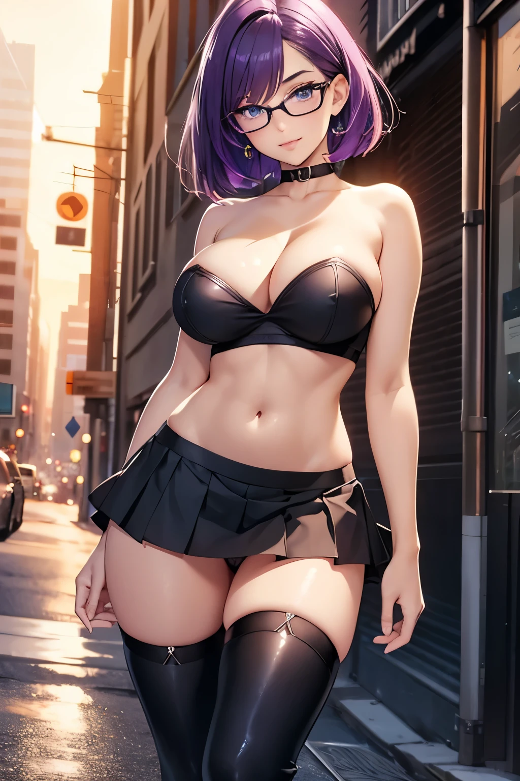 Beautiful ager, 1girl, purple hair, extremely short hair, blue eyes, freckles on face, happy, smiling, thin frame eyeglasses, thick lips, full lips, huge breasts, extreme cleavage, deep cleavage, very thin body, strapless tube top, underboob, midriff, sleeveless, bare arms, tiny pleated miniskirt, skirt barely covering panties, thigh boots, heart shaped choker, perfect anatomy, ultra-detailed, 4k, 8k, best quality, masterpiece, model, modeling, posing for camera, city alley background, late evening, sunset