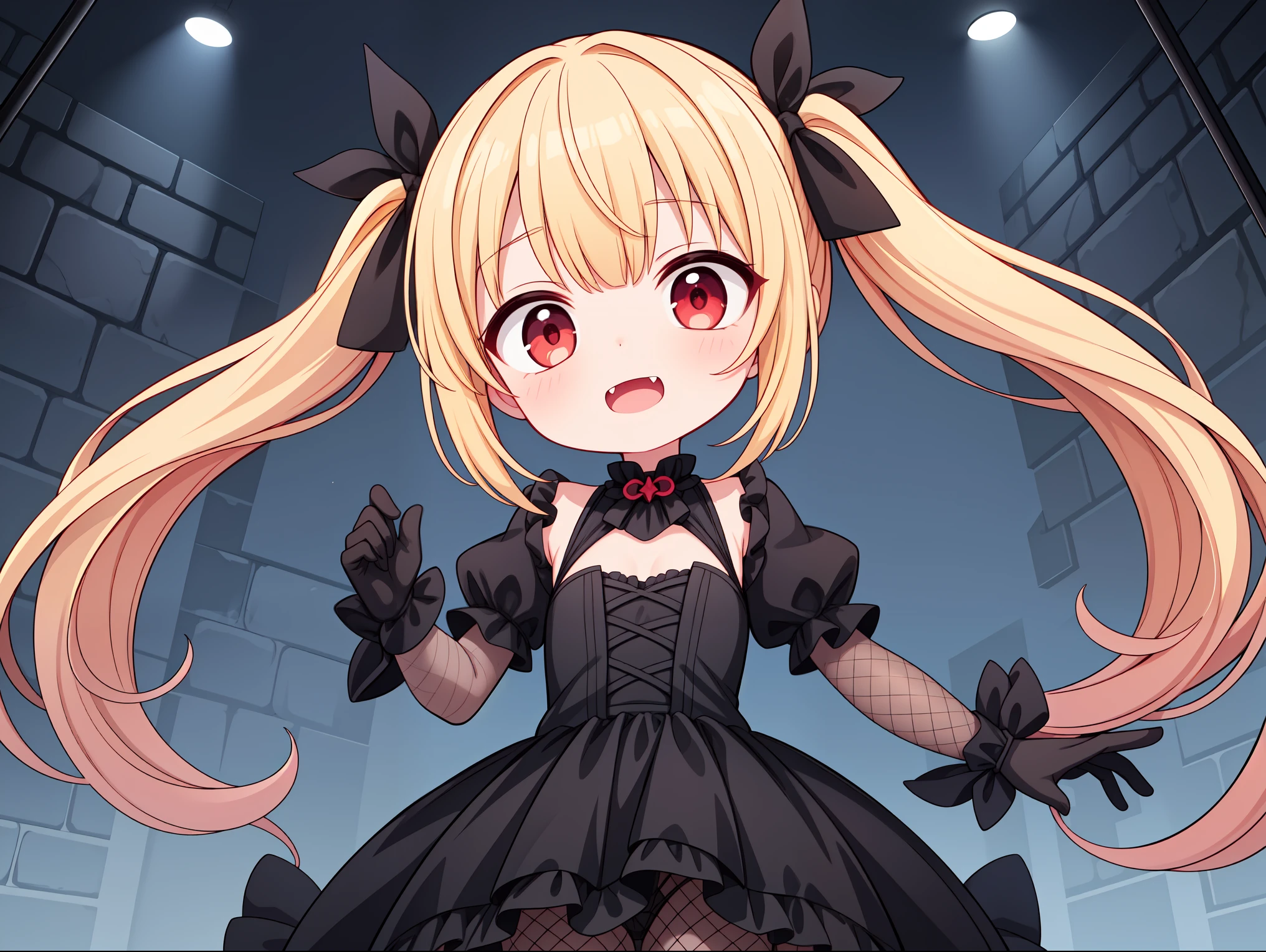 Kohei Horikoshi, 1little girl, boku no hero academia, blonde  hair，Short twin drill，Black Gothic Dress，red eyes，bow ribbon，frilld，Small devil，From  above