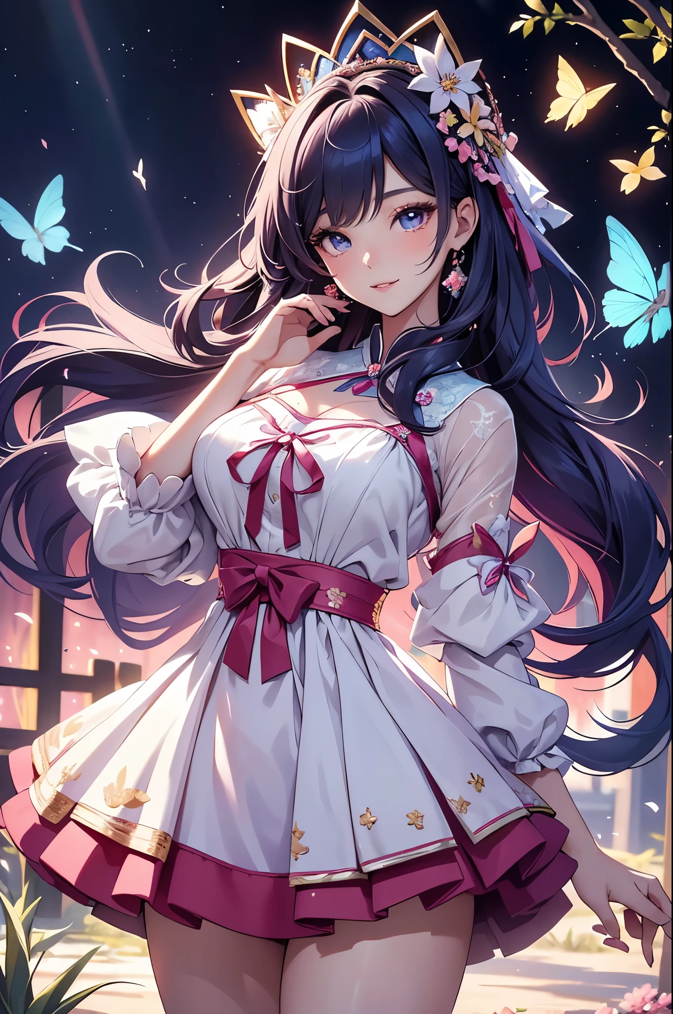 (best quality,4k,8k,highres,masterpiece:1.2),ultra-detailed,(realistic,photorealistic,photo-realistic:1.37),acrylic painting,beautiful Korean model in a ta dress with downy hair,beautiful Korean model with extremely colorful hair and detailed facial features,beautiful Korean model standing in a beautiful garden surrounded by a starry sky,beautiful Korean model wearing a vibrant Loliress,beautiful Korean model with intricate accessories and a matching hat,beautiful Korean model posing gracefully with her hands on her hips,beautiful Korean model with long flowing twintails,beautiful Korean model with bright blue eyes and rosy lips,beautiful Korean model with a joyful expression,beautiful Korean model in a dynamic pose with cherry blossoms falling around her,beautiful Korean model surrounded by colorful flowers and butterflies,beautiful Korean model's dress adorned with cute bows and lace details,beautiful Korean model with an enchanting smile,beautiful Korean model with soft, pastel-colored shading,beautiful Korean model with a magical glow illuminating her,beautiful Korean model in a picturesque setting with a winding path leading to a magnificent castle,beautiful Korean model holding a microphone and singing passionately,beautiful Korean model with a fairytale-like background,beautiful Korean model with a soft, dreamy atmosphere,beautiful Korean model with a subtle bokeh effect,beautiful Korean model standing under a moonlit sky,beautiful Korean model with a warm, golden sunset in the background,beautiful Korean model surrounded by twinkling stars and colorful nebulae,creating an ethereal and captivating artistic masterpiece.