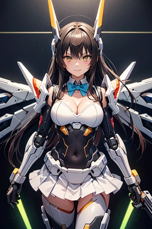 top-quality,Top image quality,​masterpiece,neon light,cyber punk:1.2,science fiction,super fin concept art,perfect body,beautiful face,detailed face,detiled texture,1 Mecha Girl, wearing  and collared shirt and pleats skirt and bowtie under armor:1.3),((18year old,white mech arms,mech shoulder,layered energy wings:1.2,mech headgear,mech ears:1.2,mech accesary,holding weapons in both hands:1.1)),black long hair,yellow eyes,large breasts,cleavage,bare navel,pov,Dye cheeks,hiquality,depth of fields,Background or futuristic city,metropolis of future,upper body shot,expressionless,battle pose,seductive smile,cameltoe