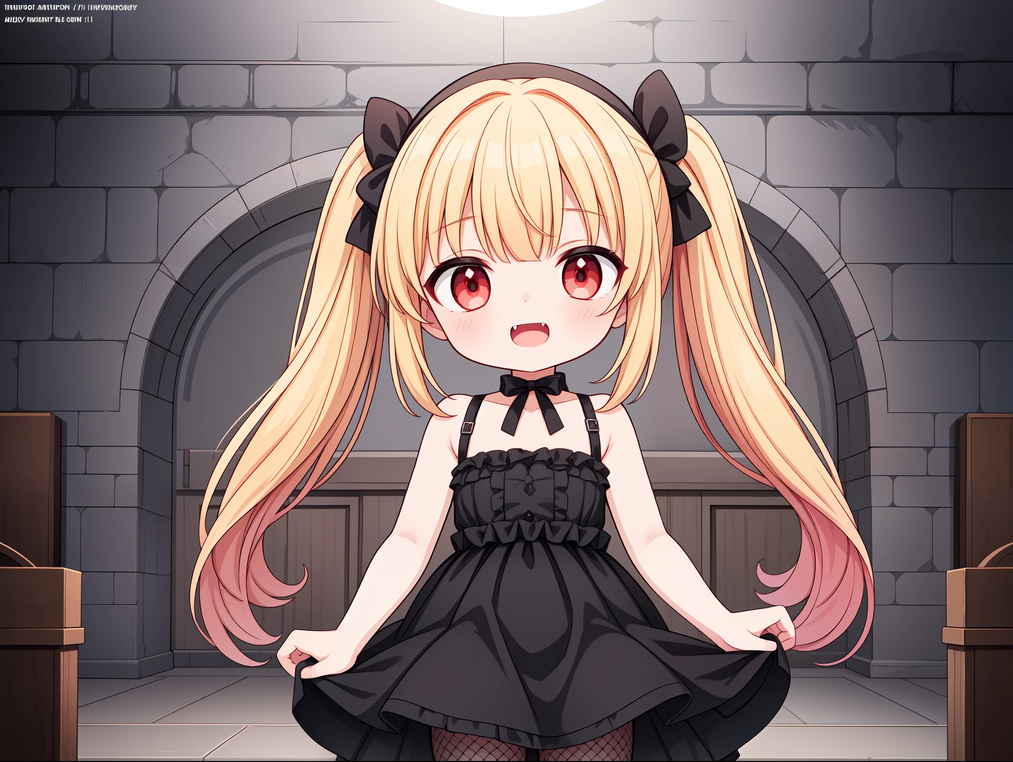 (()), ((child)), ((petite)), flat chest, standing, solo, long messy twintails, blonde hair, red eyes, fangs, (fancy black/red vampire dress), short black skirt, black leggings, fishnets, ((skirt lift)), ((bottomless)) ((exposed pussy)), pussy juice, ((dark dungeon)), looking at viewer, cinematic lighting, volume lighting, bright tone, warm color, colorful, masterpiece, super detail, high quality, best quality, highres, 16k,