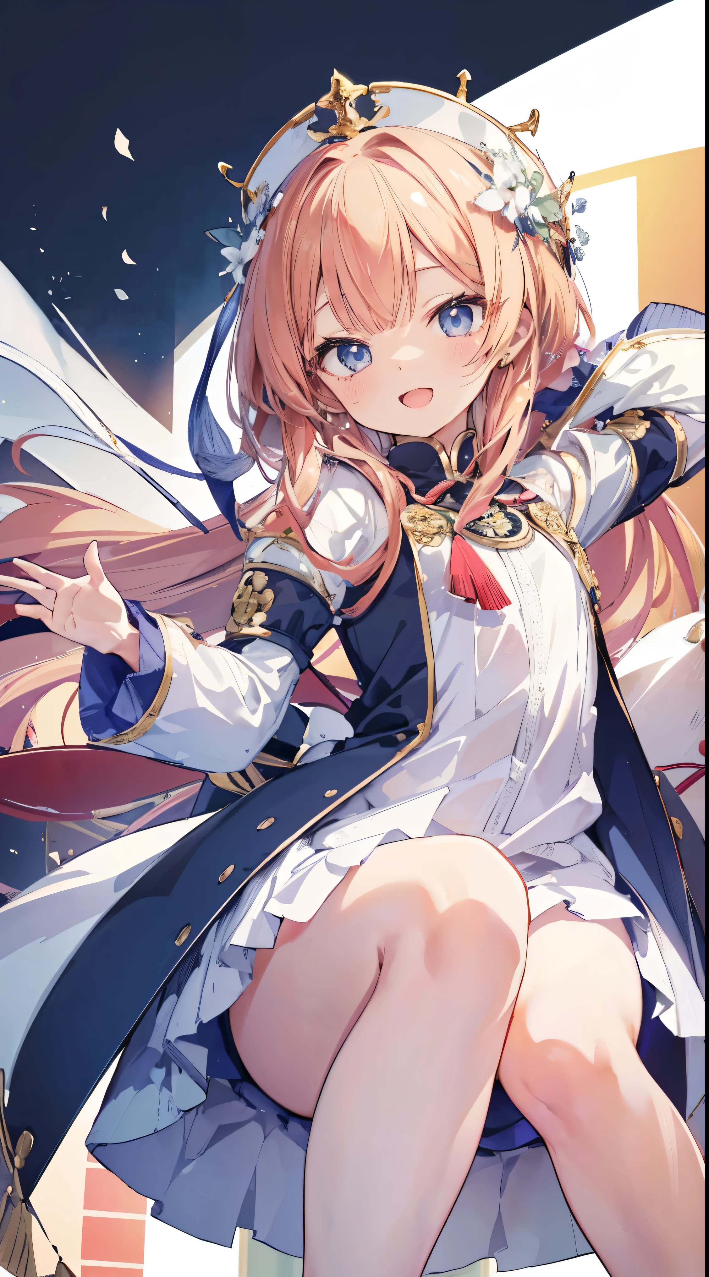 Masterpiece、Highest quality、highest quality、((((Transparency))))、(Open Mouth Smile)、Shiny hair quality、Small face、Dynamic pose、Super detailed, beautiful, wide eyes、Ultra-detailed, clear and beautiful faces、(cute illustration:1.2), High-resolution, ultra-detailed, best quality, embarrassed、Thighs, Awards, Anatomically correct