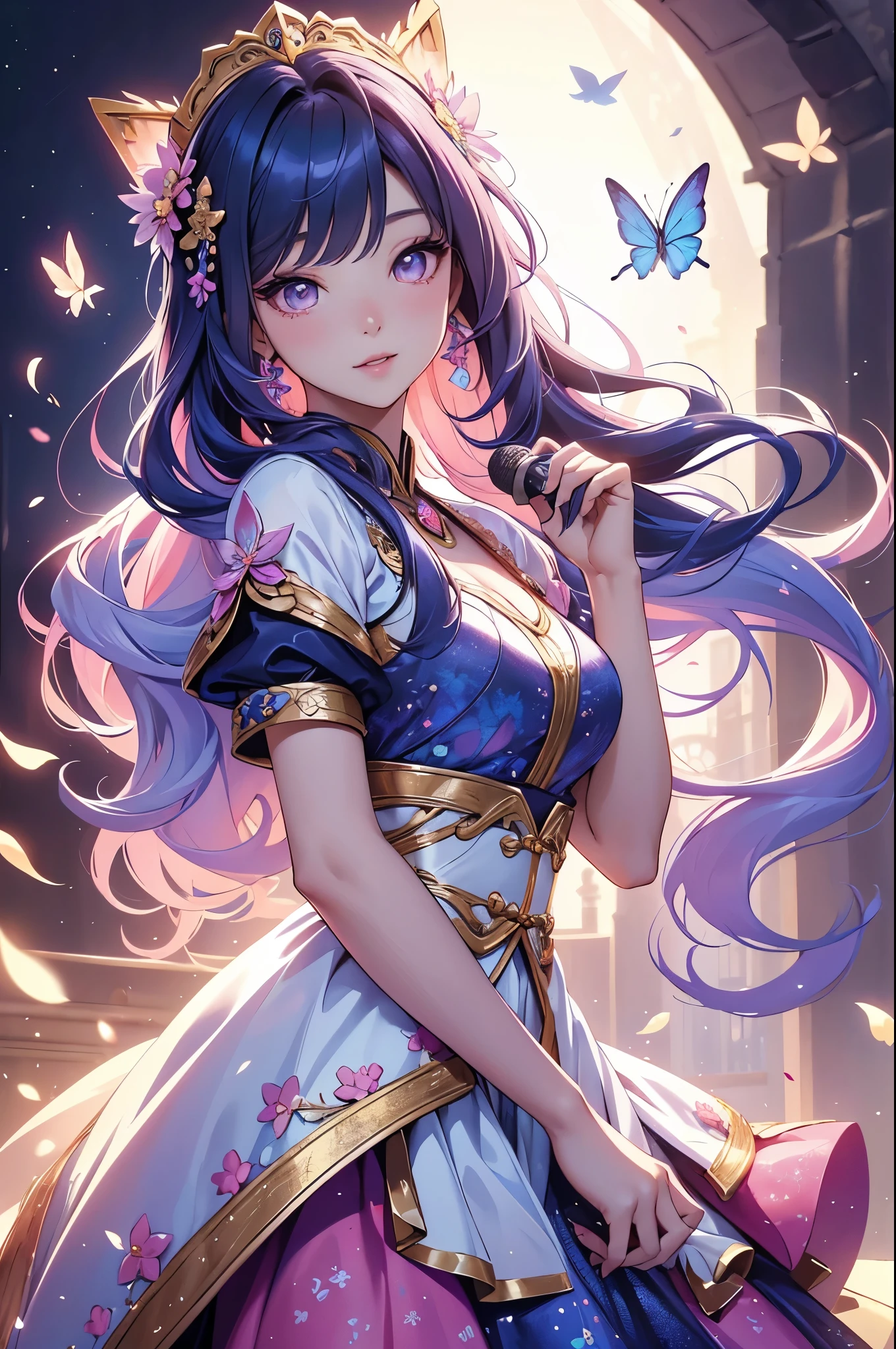 (best quality,4k,8k,highres,masterpiece:1.2),ultra-detailed,(realistic,photorealistic,photo-realistic:1.37),acrylic painting,beautiful Korean model in a Lolita dress with downy hair,beautiful Korean model with extremely colorful hair and detailed facial features,beautiful Korean model standing in a beautiful garden surrounded by a starry sky,beautiful Korean model wearing a vibrant Lolita dress,beautiful Korean model with intricate accessories and a matching hat,beautiful Korean model posing gracefully with her hands on her hips,beautiful Korean model with long flowing twintails,beautiful Korean model with bright blue eyes and rosy lips,beautiful Korean model with a joyful expression,beautiful Korean model in a dynamic pose with cherry blossoms falling around her,beautiful Korean model surrounded by colorful flowers and butterflies,beautiful Korean model's dress adorned with cute bows and lace details,beautiful Korean model with an enchanting smile,beautiful Korean model with soft, pastel-colored shading,beautiful Korean model with a magical glow illuminating her,beautiful Korean model in a picturesque setting with a winding path leading to a magnificent castle,beautiful Korean model holding a microphone and singing passionately,beautiful Korean model with a fairytale-like background,beautiful Korean model with a soft, dreamy atmosphere,beautiful Korean model with a subtle bokeh effect,beautiful Korean model standing under a moonlit sky,beautiful Korean model with a warm, golden sunset in the background,beautiful Korean model surrounded by twinkling stars and colorful nebulae,creating an ethereal and captivating artistic masterpiece.