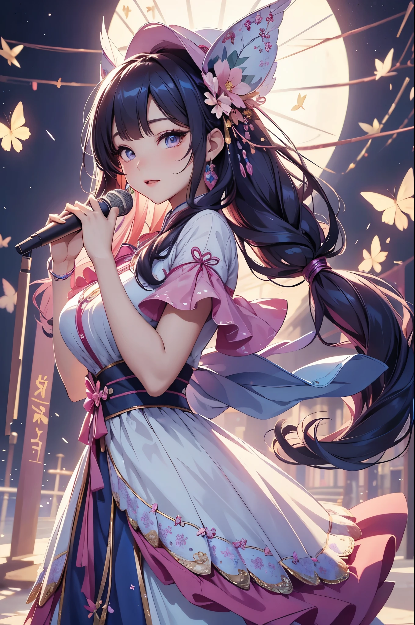 (best quality,4k,8k,highres,masterpiece:1.2),ultra-detailed,(realistic,photorealistic,photo-realistic:1.37),acrylic painting,beautiful Korean model in a Lolita dress with downy hair,beautiful Korean model with extremely colorful hair and detailed facial features,beautiful Korean model standing in a beautiful garden surrounded by a starry sky,beautiful Korean model wearing a vibrant Lolita dress,beautiful Korean model with intricate accessories and a matching hat,beautiful Korean model posing gracefully with her hands on her hips,beautiful Korean model with long flowing twintails,beautiful Korean model with bright blue eyes and rosy lips,beautiful Korean model with a joyful expression,beautiful Korean model in a dynamic pose with cherry blossoms falling around her,beautiful Korean model surrounded by colorful flowers and butterflies,beautiful Korean model's dress adorned with cute bows and lace details,beautiful Korean model with an enchanting smile,beautiful Korean model with soft, pastel-colored shading,beautiful Korean model with a magical glow illuminating her,beautiful Korean model in a picturesque setting with a winding path leading to a magnificent castle,beautiful Korean model holding a microphone and singing passionately,beautiful Korean model with a fairytale-like background,beautiful Korean model with a soft, dreamy atmosphere,beautiful Korean model with a subtle bokeh effect,beautiful Korean model standing under a moonlit sky,beautiful Korean model with a warm, golden sunset in the background,beautiful Korean model surrounded by twinkling stars and colorful nebulae,creating an ethereal and captivating artistic masterpiece.