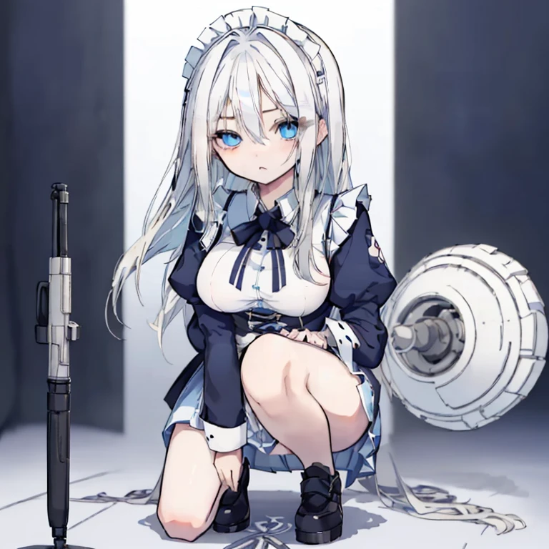 1 girl,Mature,Ample breasts,White Hair,Long Hair,Blue Eyes,Sharp Eyes,Maid clothes,Miniskirt,Knee-high,squat,Get down on one knee,Holding a big bazooka,Ready for battle,cool,A watchful expression,