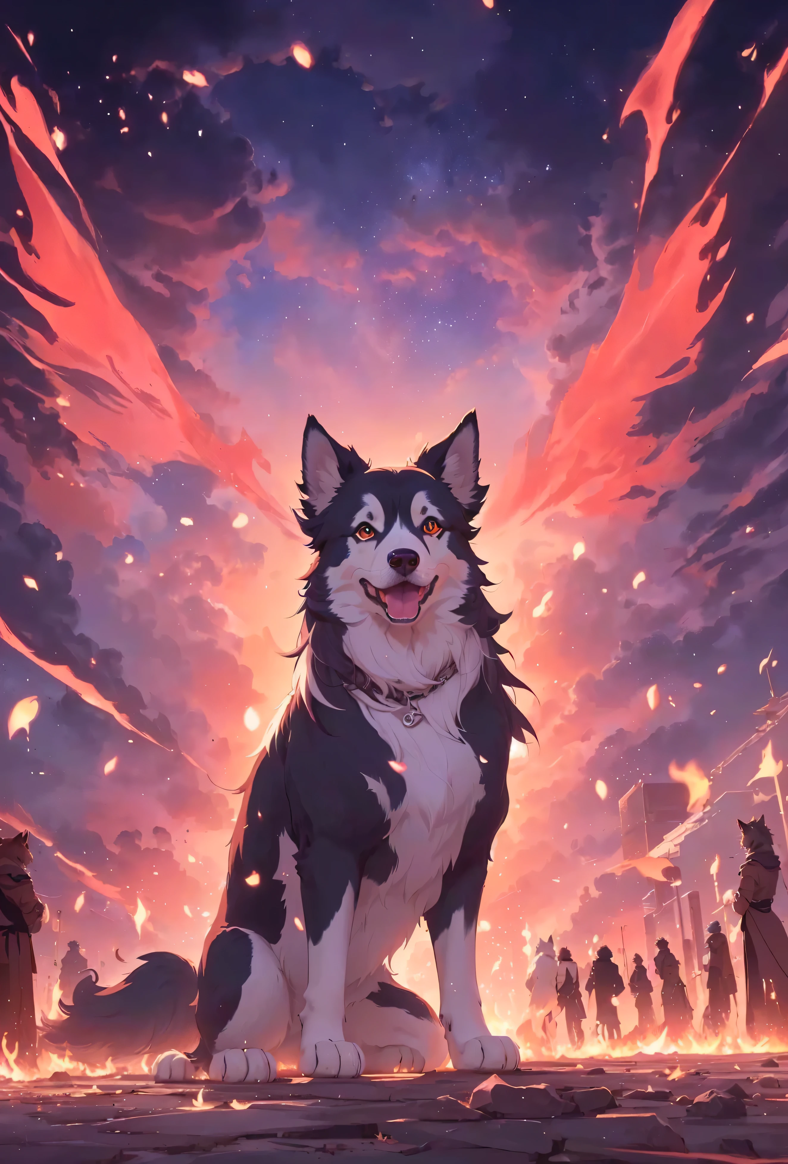 anime dog with fire in background and people standing in the background, very very beautiful furry art, fursona art, furry fantasy art, dog as a god, anime art wallpaper 4k, anime art wallpaper 4 k, official anime artwork, anime art wallpaper 8 k, anime epic artwork, high detailed official artwork, 4 k manga wallpaper, 4k anime wallpaper, eye catchy eyes , should've proper