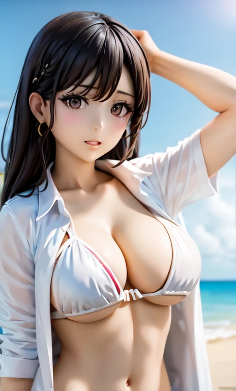 arafed asian woman in a white shirt and white bikini posing on a beach, photo of slim girl model, wearing two - piece swimsuit, young skinny gravure idol, young pretty gravure idol, young gravure idol, 2 4 year old female model, young sensual gravure idol, heonhwa choe, bae suzy, realistic young gravure idol