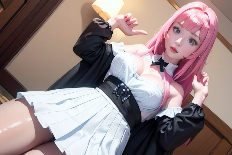 ((Top Quality、16K、masterpiece:1.3))、a tall and beautiful woman、Perfect Figure:1.4、(dream aesthetic) Slim Abs, young natural girl (beautiful) solo, long voluminous pale-pink hair 、messy hairstyle (with hair bangs), turquoise-blue eyes, pale-white skin (highlighted, realistic shading)、Huge bust、Highly detailed facial and skin texture、(A detailed eye, Symmetry Eyes, Clear realistic eyes, Double eyelidd、Cold-stricken face、Symmetrical face), very realistic skin, goth makeup, Royal sisters full of fans、The Telegraph Esbian、peach buttocks, white shirt, black skirt, black tights, cleavage, squart、(Raw foto:1.2)、((Photorealcitic:1.4))Top Quality、masterpiece、Real Photography、very delicate and beautiful.、super detailed CG、Unity、8K photo wallpaper、delicate detail、best qualtiy、Highly detailed CG unity 16k wallpaper、absurderes、Incredibly Absurd、huge file size、extremely highly detailed、Hight Resolution、ighly Details、Beautiful detail girl、extremely beautiful eyes and face, cute eyes look、Facial light、cinematic lightings、(Proportional hips, thick thighs, beautiful legs, realistic pantyhose) 1girll、see -through, inside house、ulzzang-6500、The Telegraph Esbian, different poses at different angles,