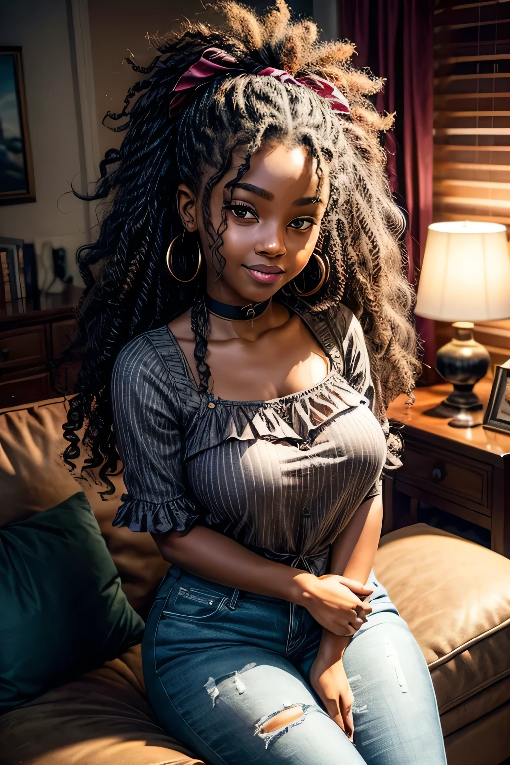 In the heart of a cozy living room, a lovely 9--old A-American girl named Ava, with a skin tone as dark as the night, sits on a plush sofa. Her chubby cheeks are pressed against the cushion, and her eyes sparkle with excitement as she scribbles on a notebook. A smile as soft as a cloud graces her lips, revealing her tiny teeth. She is dressed in a trendy red blouse and jeans, adding modern charm to the scene. Her long, luxurious hair, made of Kanekalon, is beautifully styled, cascading down her back in intricate curls.
The cinematic contour lighting bathes