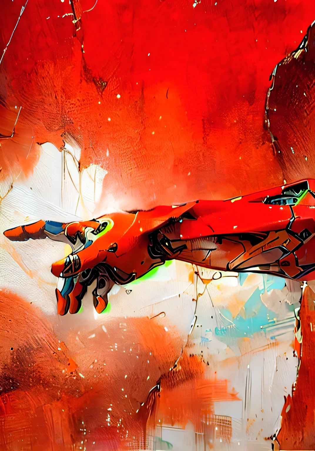 A close-up of a painting,A hand in the painting extends a finger, Action unchanged,Mecha style hands,Refinement,Gray simple solid color background