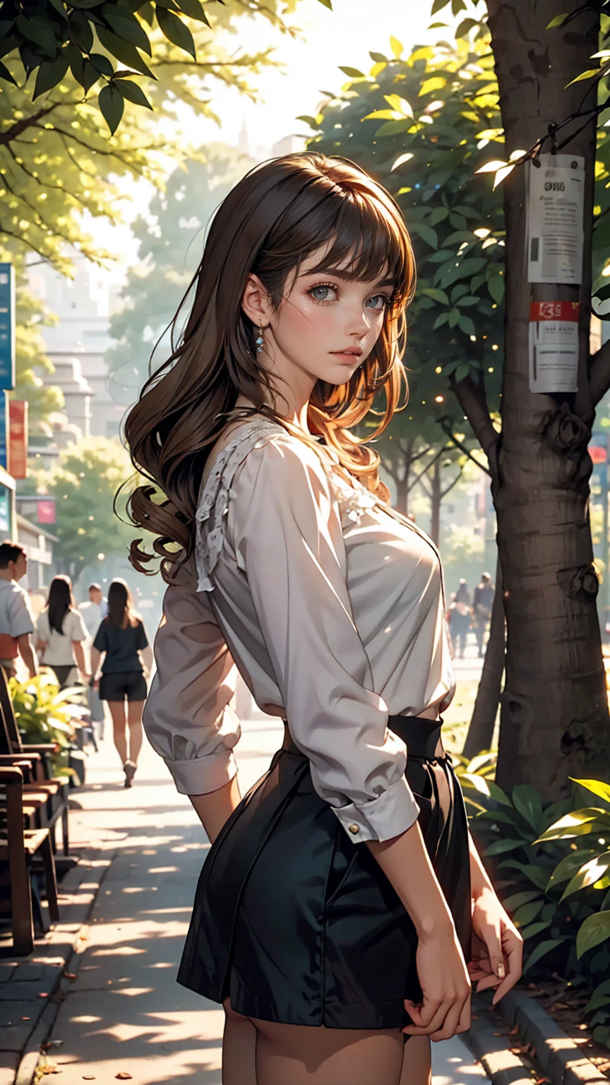 25-year-old Caucasian female、Wear a sheer blouse、Wear a mini flare skirt、Shorts visible、Bangs at the parting((parted bangs))、Vertical roll on one side((side drill))、Sunlight filtering through the trees in a lush park