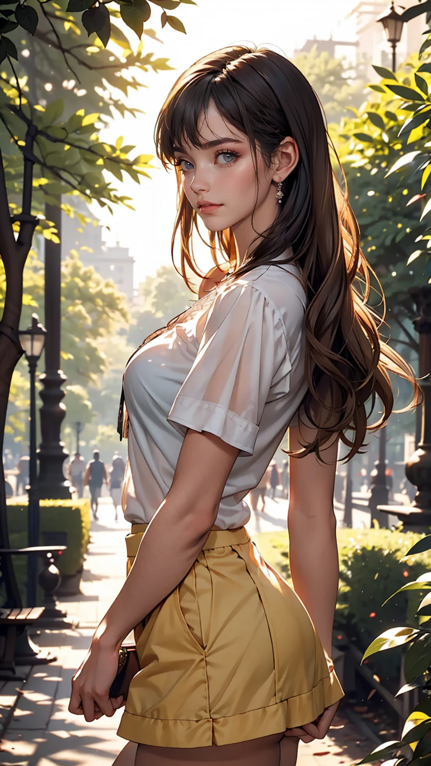 25-year-old Caucasian female、Wear a sheer blouse、Wear a mini flare skirt、Shorts visible、Bangs at the parting((parted bangs))、Vertical roll on one side((side drill))、Sunlight filtering through the trees in a lush park