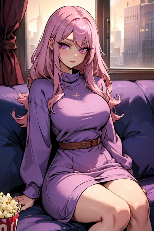 A pink haired woman with violet eyes with an hour glass figure in a sweatshirt dress is  eating popcorn on the couch