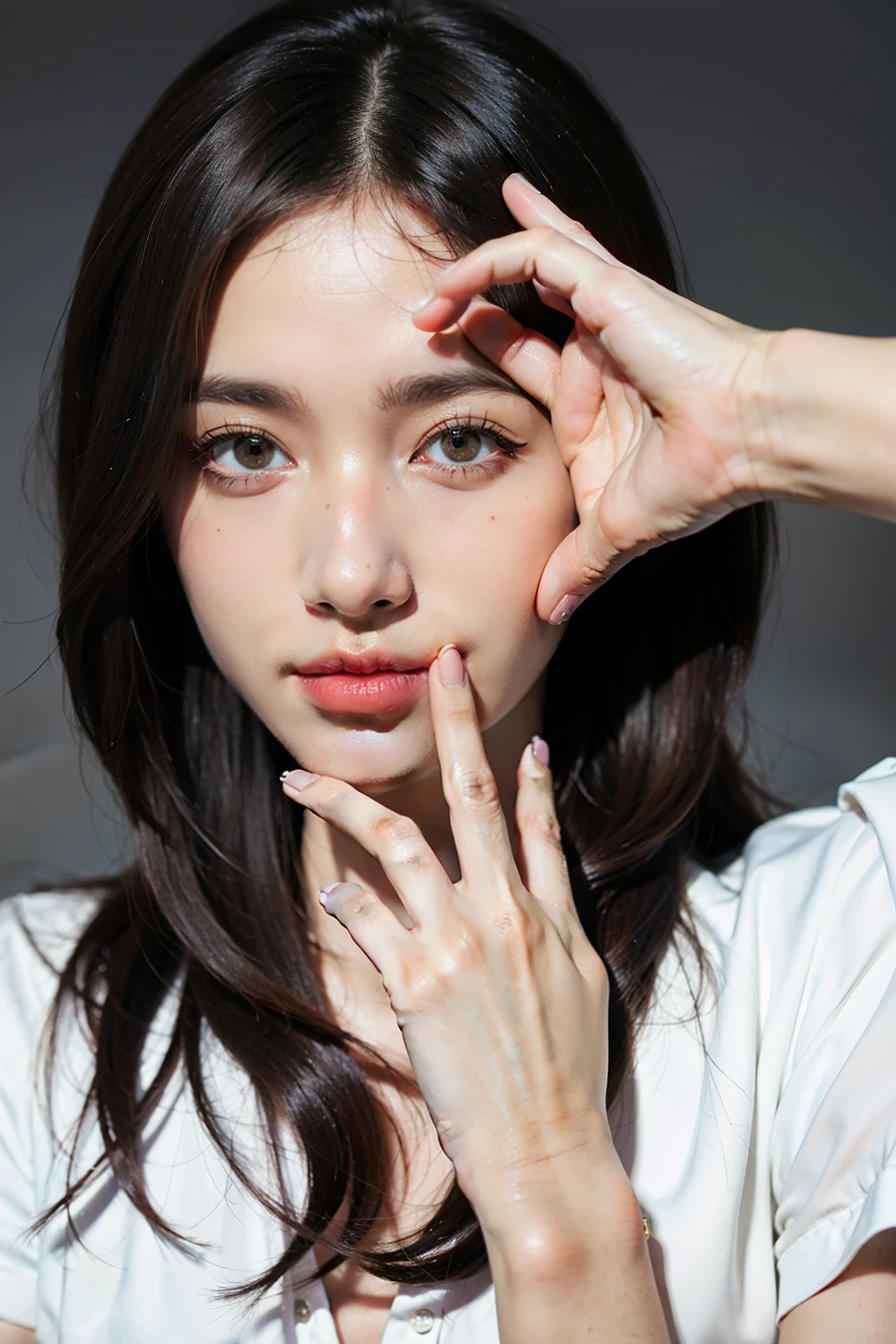 puffy woman with wet hair and white sweater holding hand to mouth, retrato suave fotografado 8k, fechar o rosto, closeup de estilo de gesto pesado, retrato em close, close-up rosto perfeito, adorable and pale korean face, hand on her chin, fechar no rosto, fechar foto de retrato, rosto sexy, rosto de perto, hand on cheek