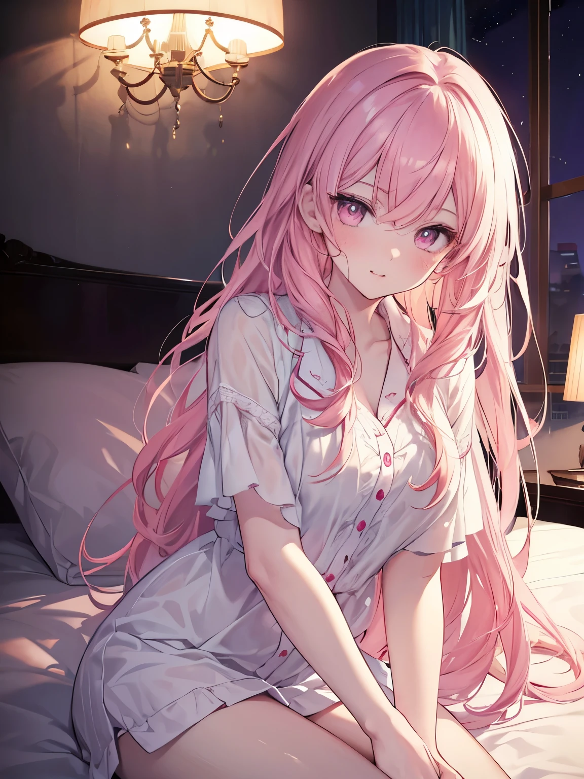 masutepiece, Highest Quality, (Perfect face:1.1), (high detailing:1.1), (ultradetailed eyes),(looking away:1.4), Dramatic, superfine illustration, Extremely detailed,1girl in, teenager,(pale skin), Happy, Laugh, Enjoy,long pinkhair,gloweyes,pink eyes,Ethereal eyes, With eyes highlights,with heart-shaped eyes,smile,Solo,Pouty lips,Cinematic lighting,cowboy shot, pajamas,indoor,bedroom, Tilt your head, lying on back,(midnight:1.4)
