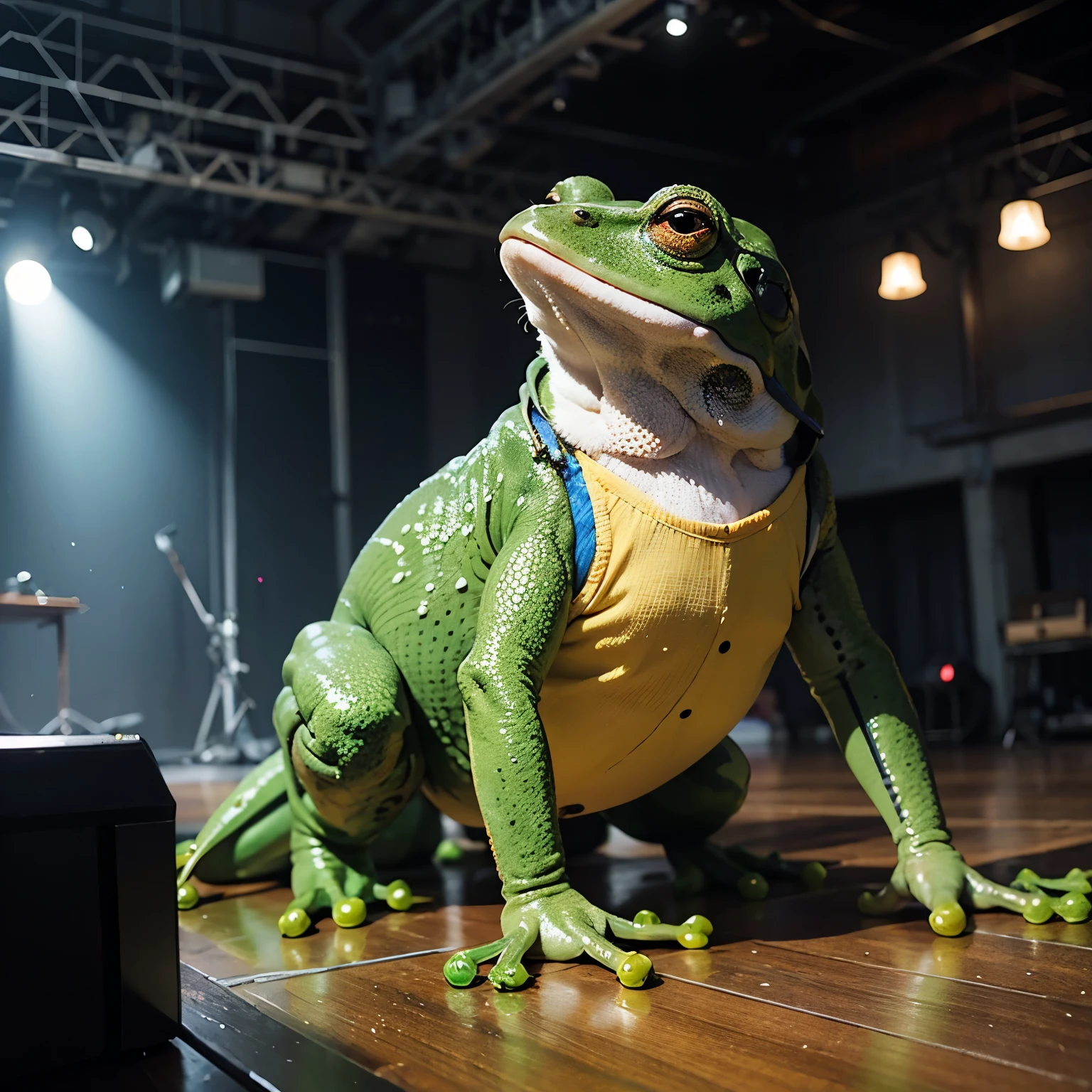 Frog on stage、Brightly colored scenes、Detailed depiction of the frog's eyes and skin、Artistic painting style、Bright and vibrant colors、Dramatic lighting、High quality rendering、Ultra-fine details of a frog's body、Professional artwork、Dynamic pose 、Realistic texture、Stage lighting effects、Bokeh、theatrical atmosphere