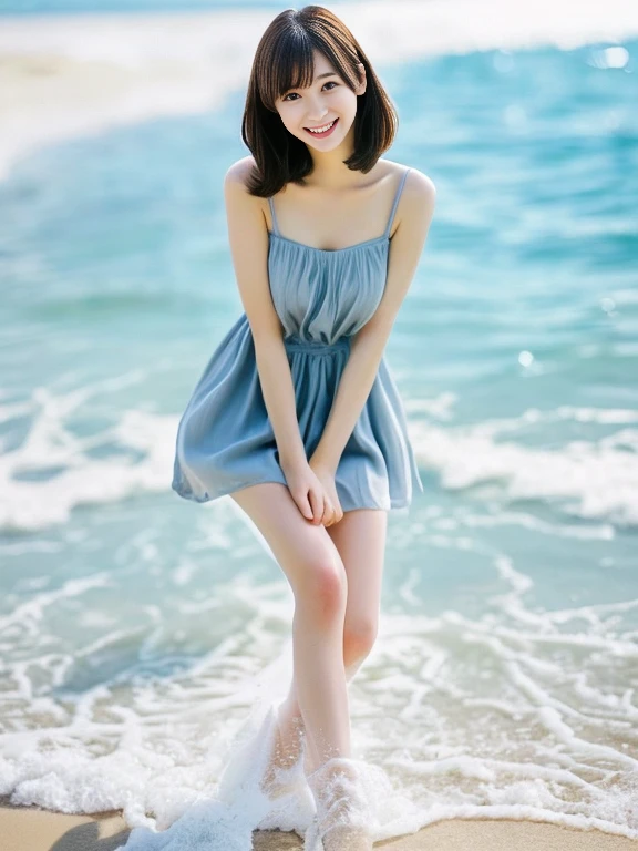 リアルな写真image quality、８ｋimage quality、Standing on the beach by the water in a summer dress２０Old woman,Grey mini skirt、 Beautiful idol, Posing on the beach by the sea, The waves wash over my feet、Beautiful model, Gorgeous Japanese Model, Beautiful Japanese Women, A cute young woman,  Young and pretty woman, A cute seductive smile、 Neat and clean young woman, Lovely lady,looking at the camera、Soft lips、Delicate and beautiful eyes