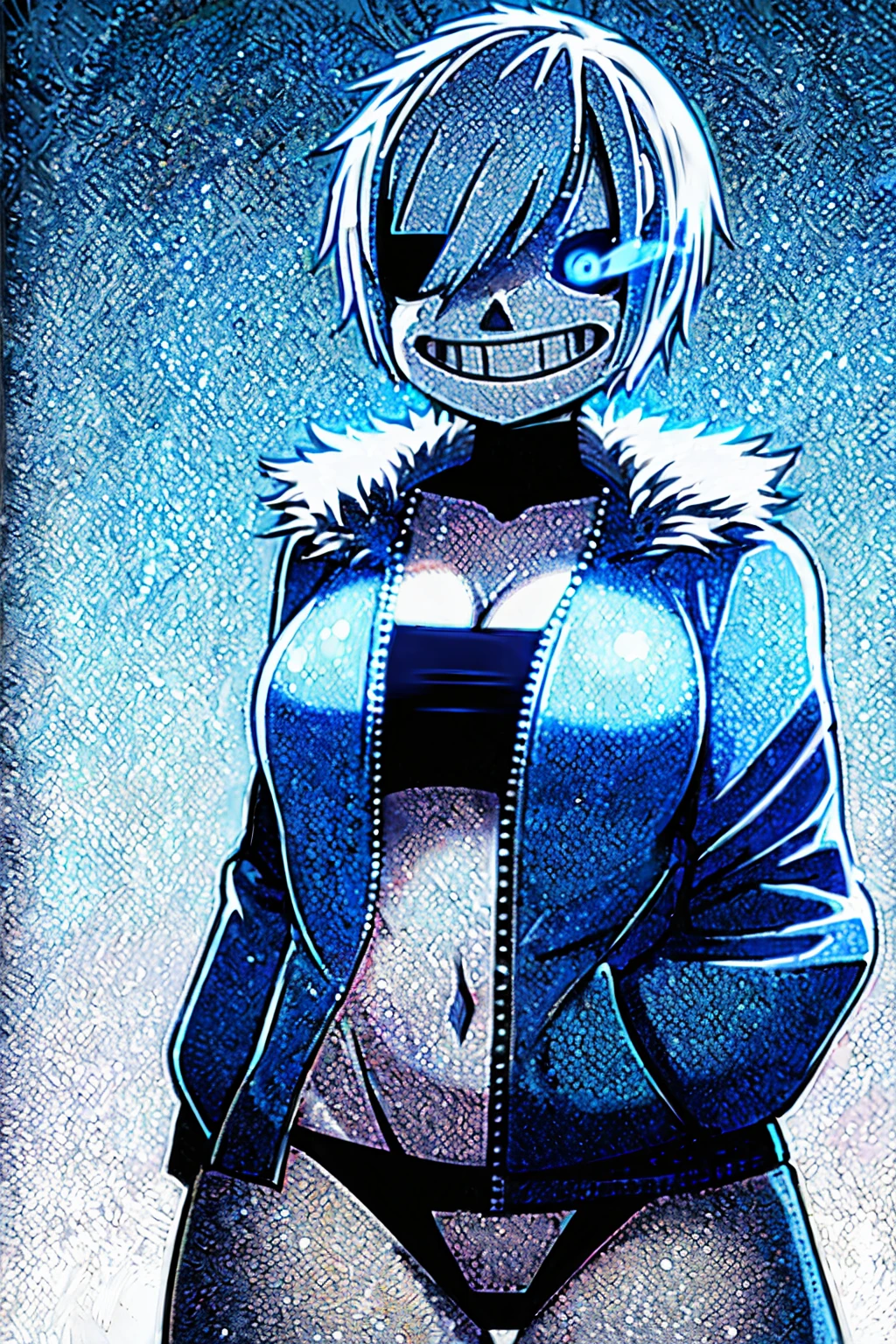 Toby Fox Undertale Sans Blue Jacket ,Fire eyes, skull, smile, long eyelashes, black eye shadow, white short hair, glowing, sexy white bikini face, blue keel cannon, one standing in the snow town, Femininefull big breast breast enlargement full-body shot