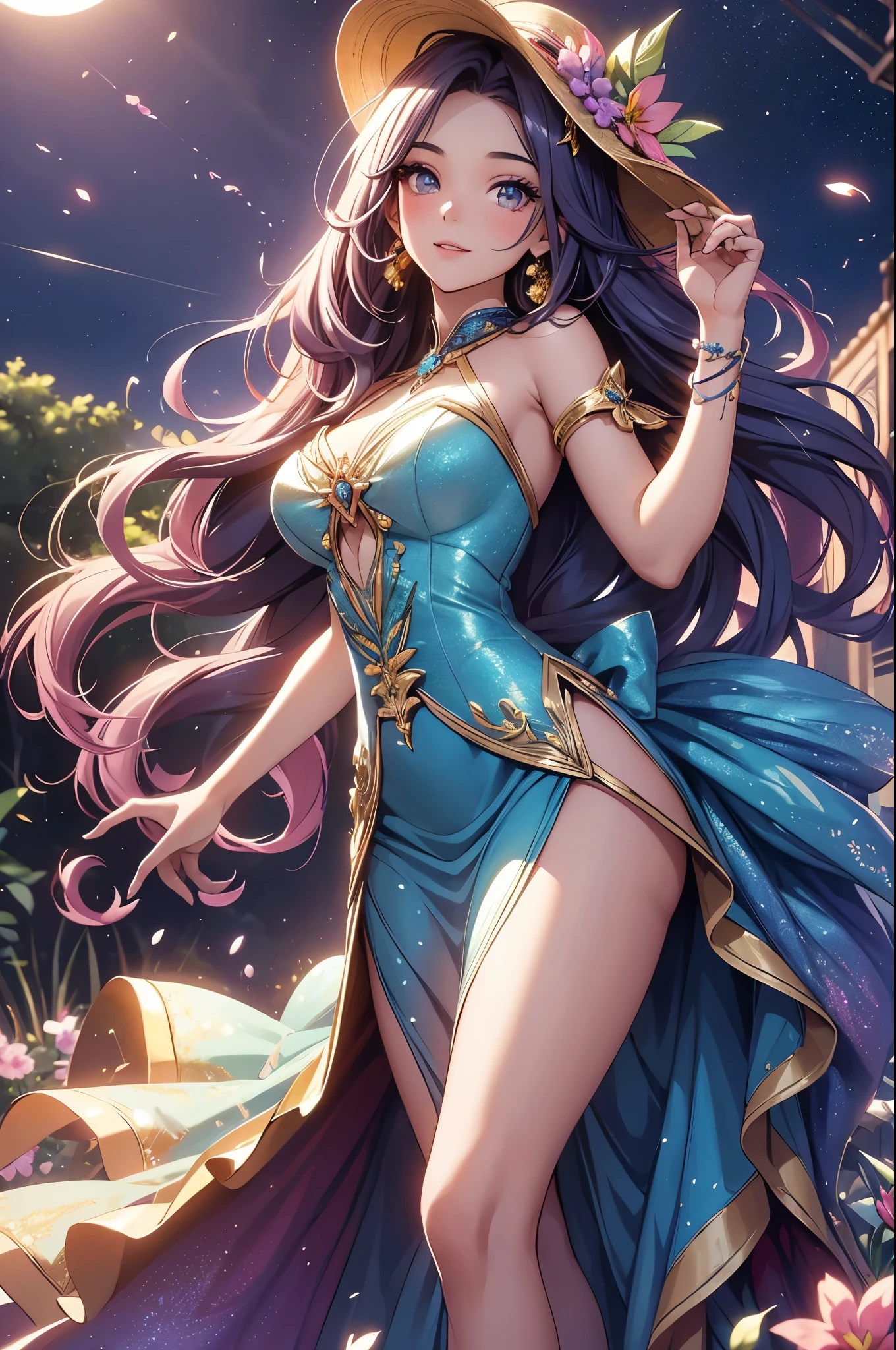 (best quality,4k,8k,highres,masterpiece:1.2),ultra-detailed,(realistic,photorealistic,photo-realistic:1.37),acrylic painting,beautiful Brazilian model in a ta dress with downy hair,beautiful Brazilian model with extremely colorful hair and detailed facial features,beautiful Brazilian model standing in a beautiful garden surrounded by a starry sky,beautiful Brazilian model wearing a vibrant Loliress,beautiful Brazilian model with intricate accessories and a matching hat,beautiful Brazilian model posing gracefully with her hands on her hips,beautiful Brazilian model with long flowing twintails,beautiful Brazilian model with bright blue eyes and rosy lips,beautiful Brazilian model with a joyful expression,beautiful Brazilian model in a dynamic pose with cherry blossoms falling around her,beautiful Brazilian model surrounded by colorful flowers and butterflies,beautiful Brazilian model's dress adorned with cute bows and lace details,beautiful Brazilian model with an enchanting smile,beautiful Brazilian model with soft, pastel-colored shading,beautiful Brazilian model with a magical glow illuminating her,beautiful Brazilian model in a picturesque setting with a winding path leading to a magnificent castle,beautiful Brazilian model holding a microphone and singing passionately,beautiful Brazilian model with a fairytale-like background,beautiful Brazilian model with a soft, dreamy atmosphere,beautiful Brazilian model with a subtle bokeh effect,beautiful Brazilian model standing under a moonlit sky,beautiful Brazilian model with a warm, golden sunset in the background,beautiful Brazilian model surrounded by twinkling stars and colorful nebulae,creating an ethereal and captivating artistic masterpiece.