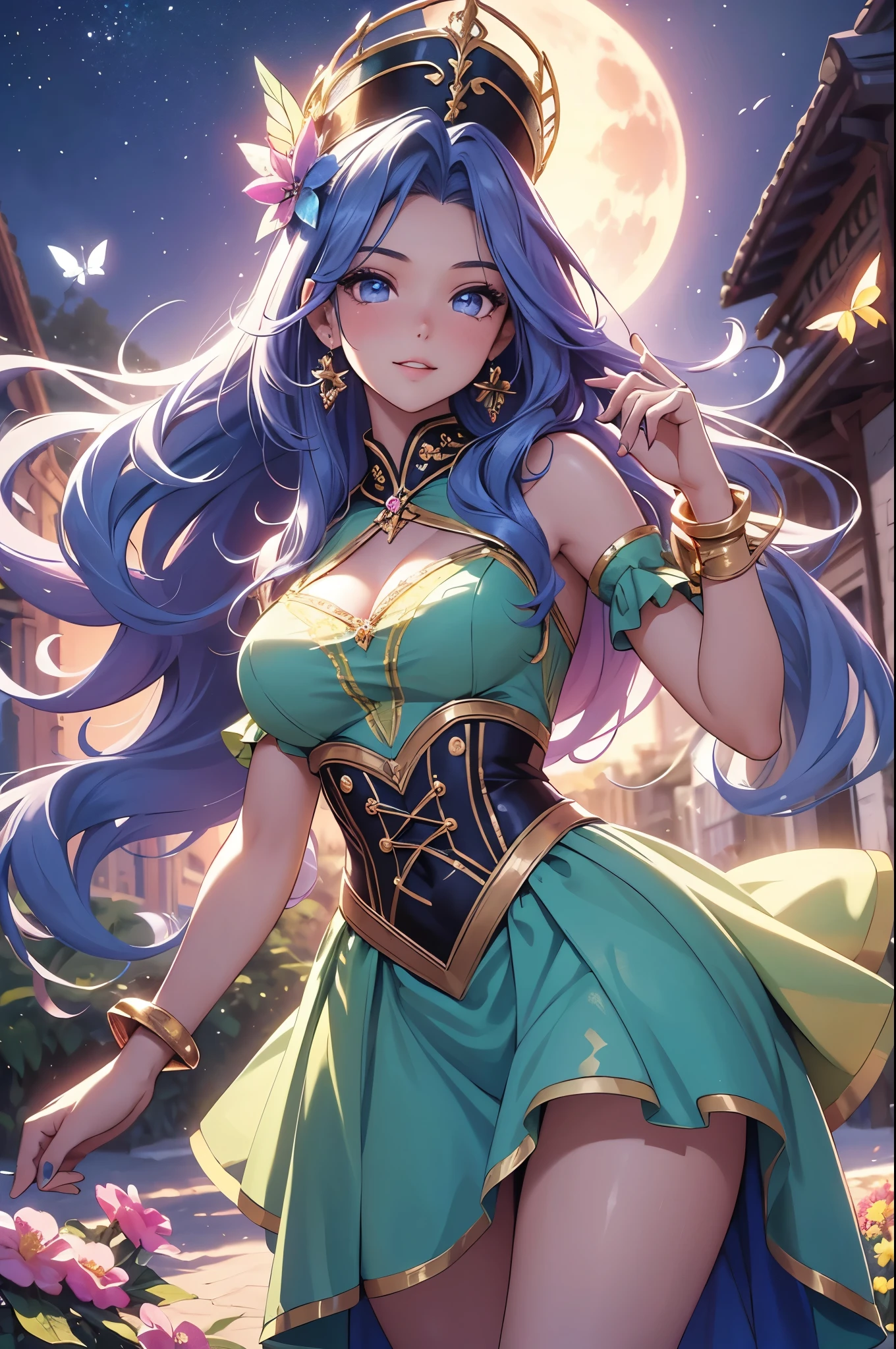 (best quality,4k,8k,highres,masterpiece:1.2),ultra-detailed,(realistic,photorealistic,photo-realistic:1.37),acrylic painting,beautiful Brazilian model in a Lolita dress with downy hair,beautiful Brazilian model with extremely colorful hair and detailed facial features,beautiful Brazilian model standing in a beautiful garden surrounded by a starry sky,beautiful Brazilian model wearing a vibrant Lolita dress,beautiful Brazilian model with intricate accessories and a matching hat,beautiful Brazilian model posing gracefully with her hands on her hips,beautiful Brazilian model with long flowing twintails,beautiful Brazilian model with bright blue eyes and rosy lips,beautiful Brazilian model with a joyful expression,beautiful Brazilian model in a dynamic pose with cherry blossoms falling around her,beautiful Brazilian model surrounded by colorful flowers and butterflies,beautiful Brazilian model's dress adorned with cute bows and lace details,beautiful Brazilian model with an enchanting smile,beautiful Brazilian model with soft, pastel-colored shading,beautiful Brazilian model with a magical glow illuminating her,beautiful Brazilian model in a picturesque setting with a winding path leading to a magnificent castle,beautiful Brazilian model holding a microphone and singing passionately,beautiful Brazilian model with a fairytale-like background,beautiful Brazilian model with a soft, dreamy atmosphere,beautiful Brazilian model with a subtle bokeh effect,beautiful Brazilian model standing under a moonlit sky,beautiful Brazilian model with a warm, golden sunset in the background,beautiful Brazilian model surrounded by twinkling stars and colorful nebulae,creating an ethereal and captivating artistic masterpiece. 