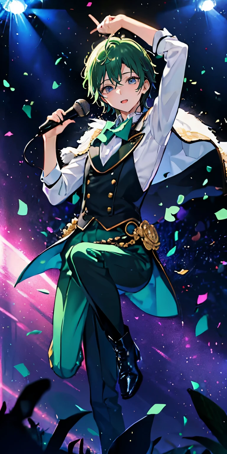 (Mastepiece), (Best Quality), Very detailed, ((1 boy)), Perfect Face, Beautiful Face, Very detailedな顔,((Mint-colored hair_short hair_Mint-colored eyes:1.3)),Male solo idol、Gorgeous idol costumes、Cape、boots、(pants:1.2)、(Hold the microphone)、stage、Concert Dome、Lots of confetti、(smile:1.4)、(Open your mouth wide)、sing、dance、Wink、Laser light、Spotlight