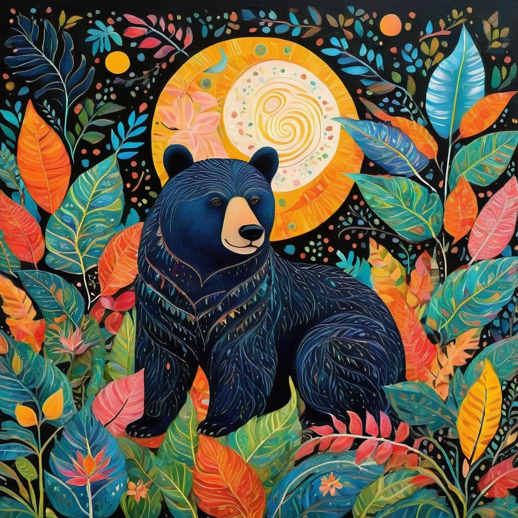 Naive art painting inspired by Halyna Kulaga and Laurel Burch of a beautiful mama bear in the jungle, tropical foliage, a colorful moon, bold strokes, textural.