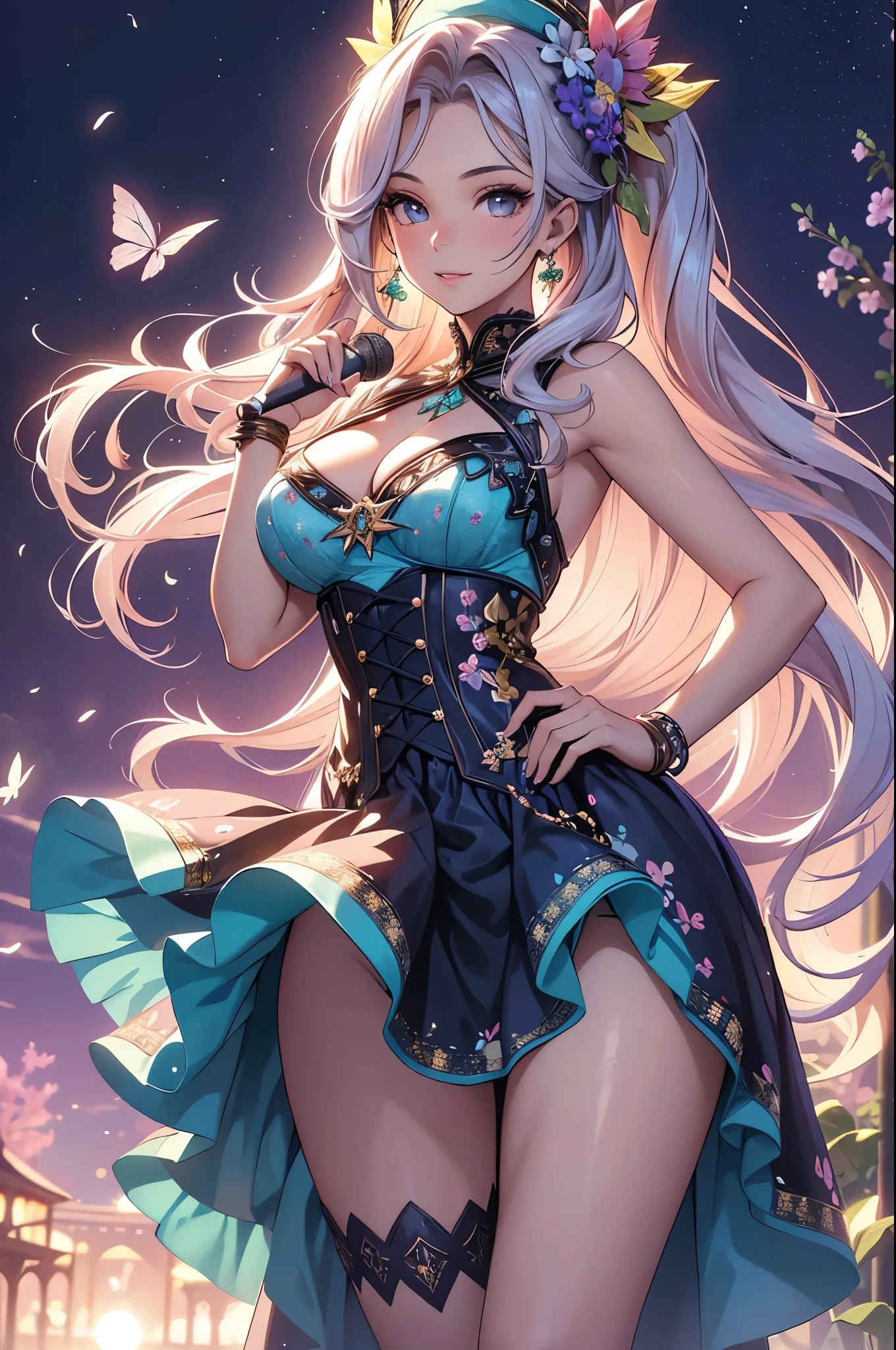 (best quality,4k,8k,highres,masterpiece:1.2),ultra-detailed,(realistic,photorealistic,photo-realistic:1.37),acrylic painting,beautiful Brazilian model in a ta dress with downy hair,beautiful Brazilian model with extremely colorful hair and detailed facial features,beautiful Brazilian model standing in a beautiful garden surrounded by a starry sky,beautiful Brazilian model wearing a vibrant Loliress,beautiful Brazilian model with intricate accessories and a matching hat,beautiful Brazilian model posing gracefully with her hands on her hips,beautiful Brazilian model with long flowing twintails,beautiful Brazilian model with bright blue eyes and rosy lips,beautiful Brazilian model with a joyful expression,beautiful Brazilian model in a dynamic pose with cherry blossoms falling around her,beautiful Brazilian model surrounded by colorful flowers and butterflies,beautiful Brazilian model's dress adorned with cute bows and lace details,beautiful Brazilian model with an enchanting smile,beautiful Brazilian model with soft, pastel-colored shading,beautiful Brazilian model with a magical glow illuminating her,beautiful Brazilian model in a picturesque setting with a winding path leading to a magnificent castle,beautiful Brazilian model holding a microphone and singing passionately,beautiful Brazilian model with a fairytale-like background,beautiful Brazilian model with a soft, dreamy atmosphere,beautiful Brazilian model with a subtle bokeh effect,beautiful Brazilian model standing under a moonlit sky,beautiful Brazilian model with a warm, golden sunset in the background,beautiful Brazilian model surrounded by twinkling stars and colorful nebulae,creating an ethereal and captivating artistic masterpiece.