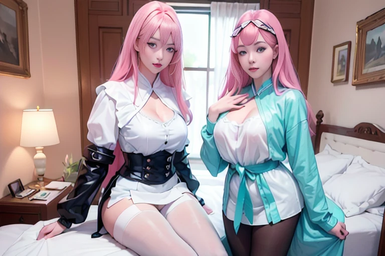 Beautiful Girl Harem　girl with　A smile　top-quality　​masterpiece　超A high resolution　real looking skin　Beautiful fece　leather jackets　blue eyess　Colossal tits　Pink hair