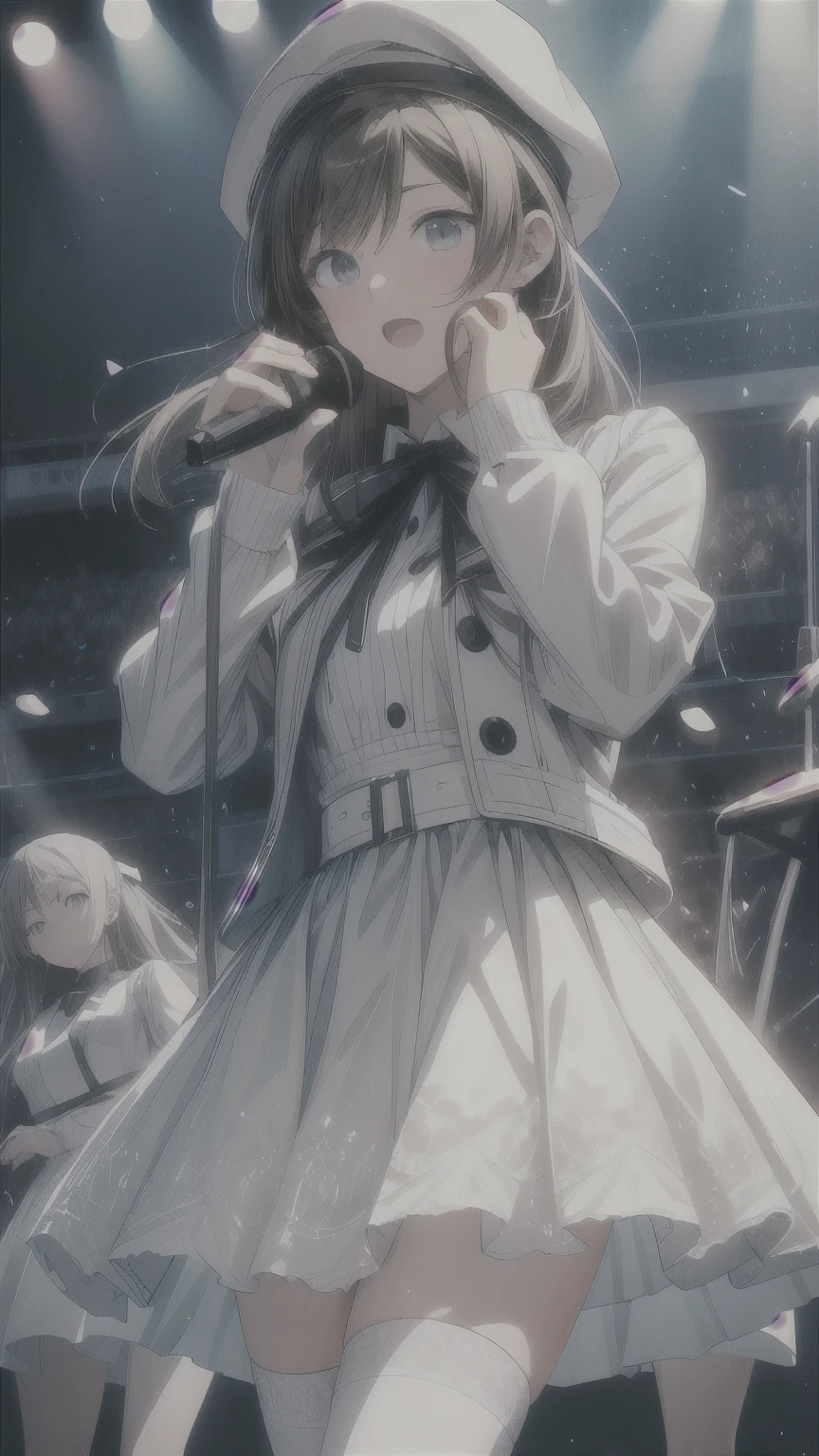 ultra high quality illustration, anime, high quality , 8k, masterpiece, Realistic Human Woman, Realistic proportions, Detailed face, Smooth and soft skin, realistic dreamy eyes, beautiful intricate colored hair, Symmetric, Intricately detailed hair, Soft lighting, Fine grain, beautiful, (Looking at the audience), Smooth skin, Perfect Skin, (beautiful Detailed face), Kujo Yuzuha, Knee socks, Open jacket, zettai ryouiki, dress, white dress, White Hat, beret, button, Neck ribbon, stage, on stage, sing, Dancing, Holding a microphone, screen, laser